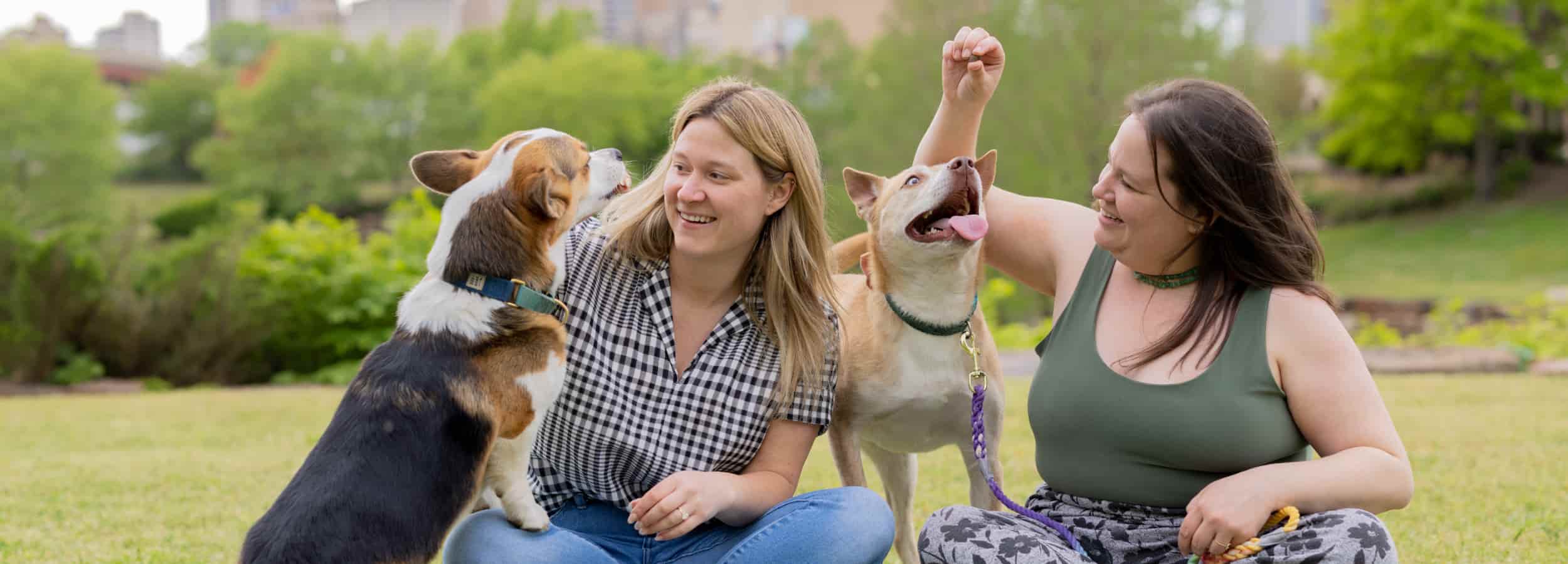 Two women sit on grass in a Tulsa park, smiling and playing with a tan and white dog and a corgi, with greenery and cityscape in the background.