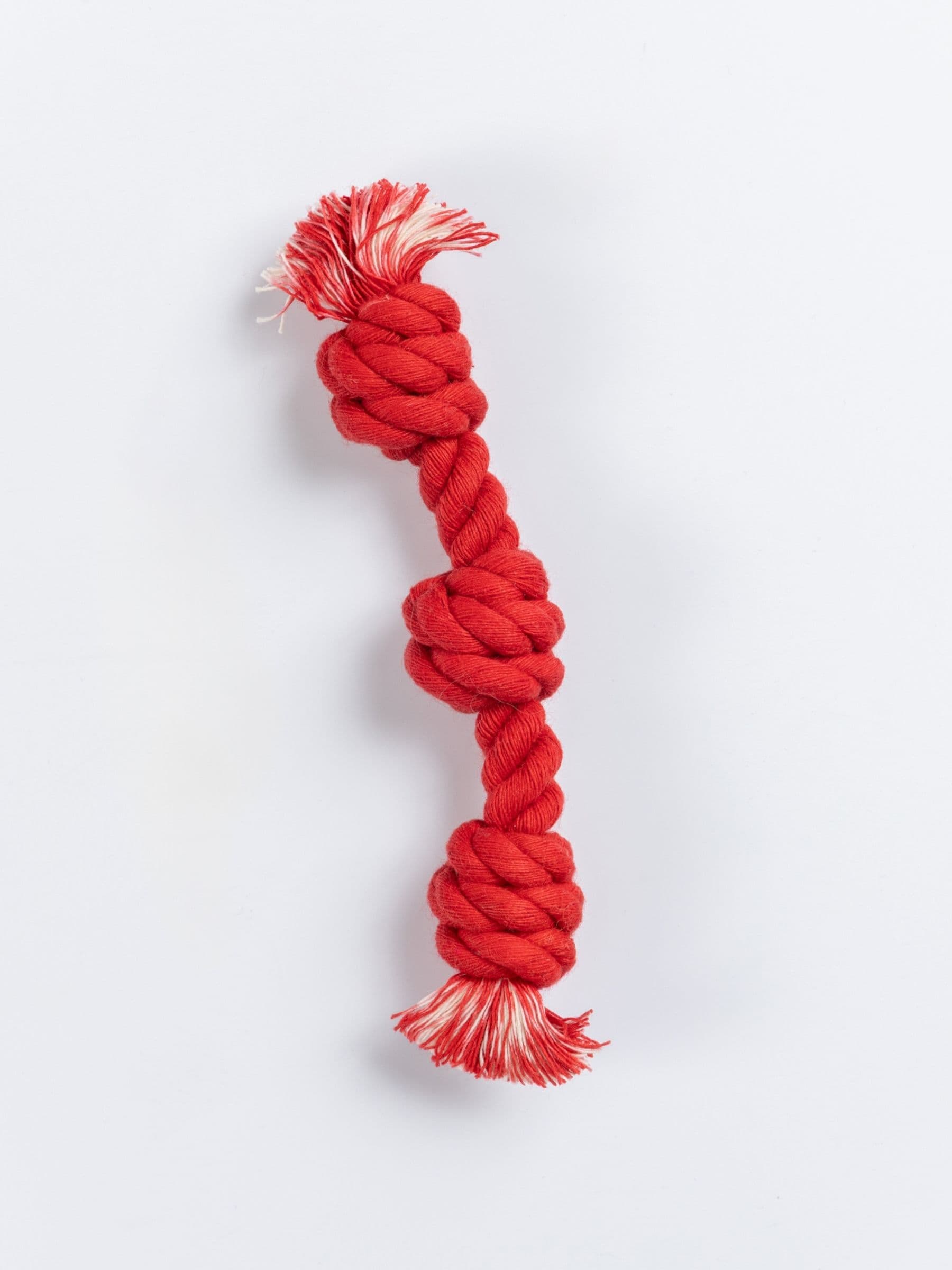 Red three knotted cotton rope toy from Knot Yours, sized for extra small dogs