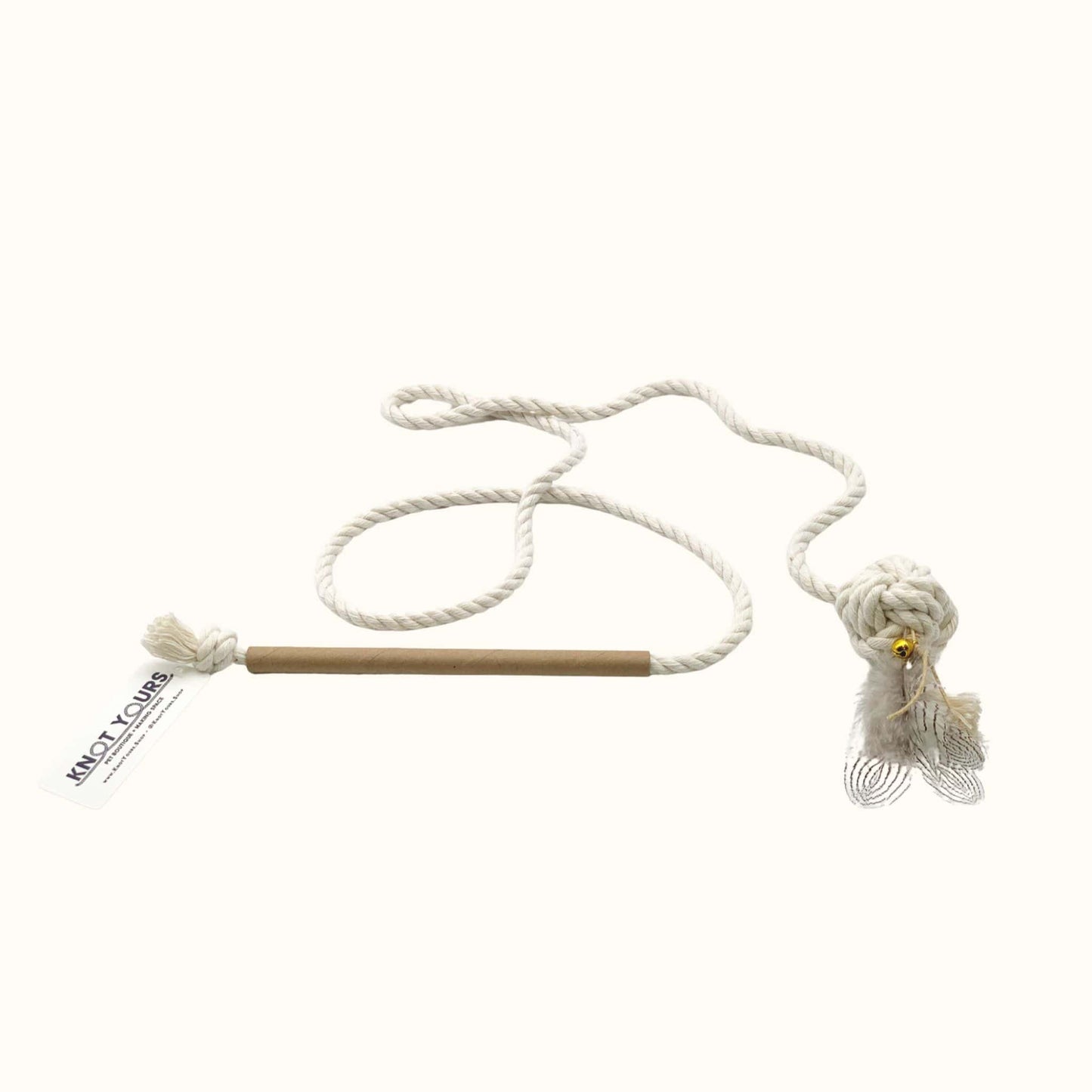 Interactive cat wand toy made with a natural rope, cardboard handle, and crinkle wings with bell for sensory play.