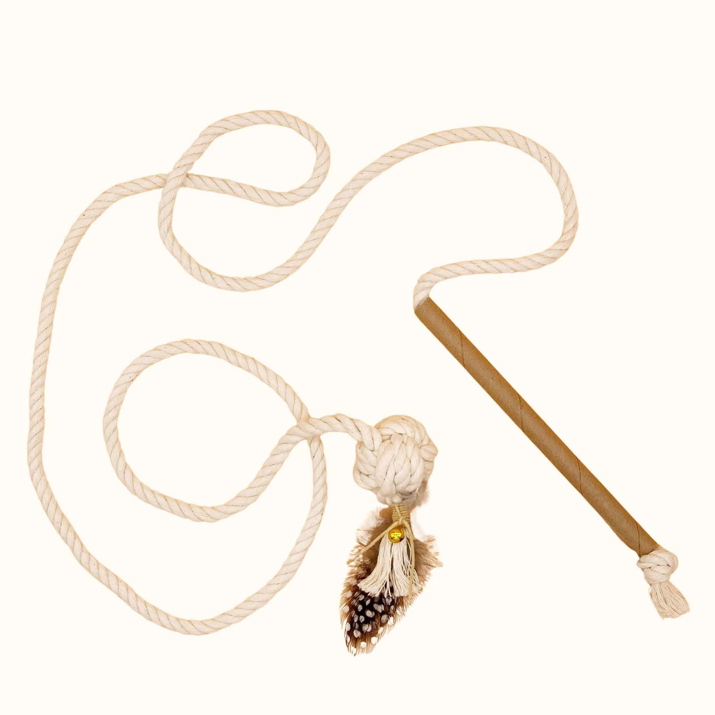 Eco-friendly cat wand toy with natural cotton rope, feather tassel, and cardboard handle, designed for interactive play.
