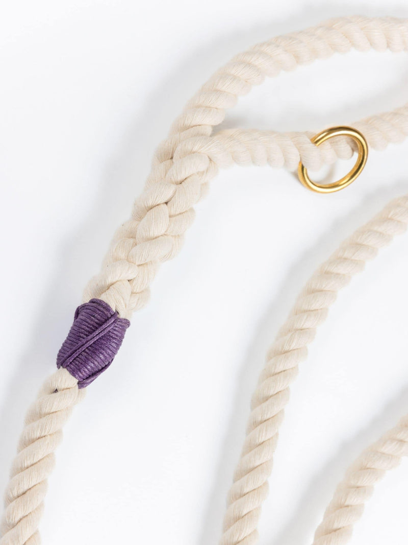 Custom natural purple rope dog leash with braided handle and light purple whipping