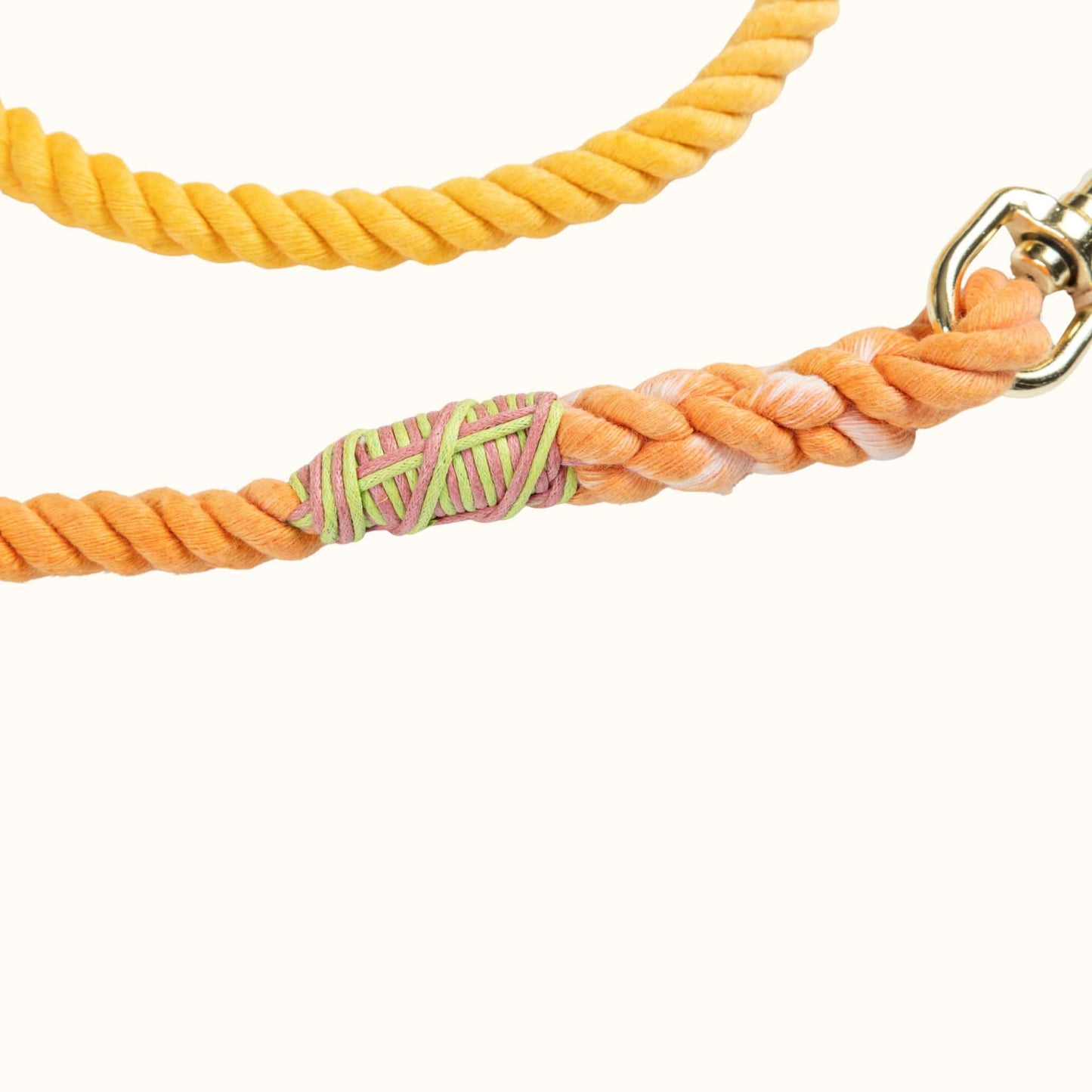Natural multicolored orange dog leash with a pink and green whip