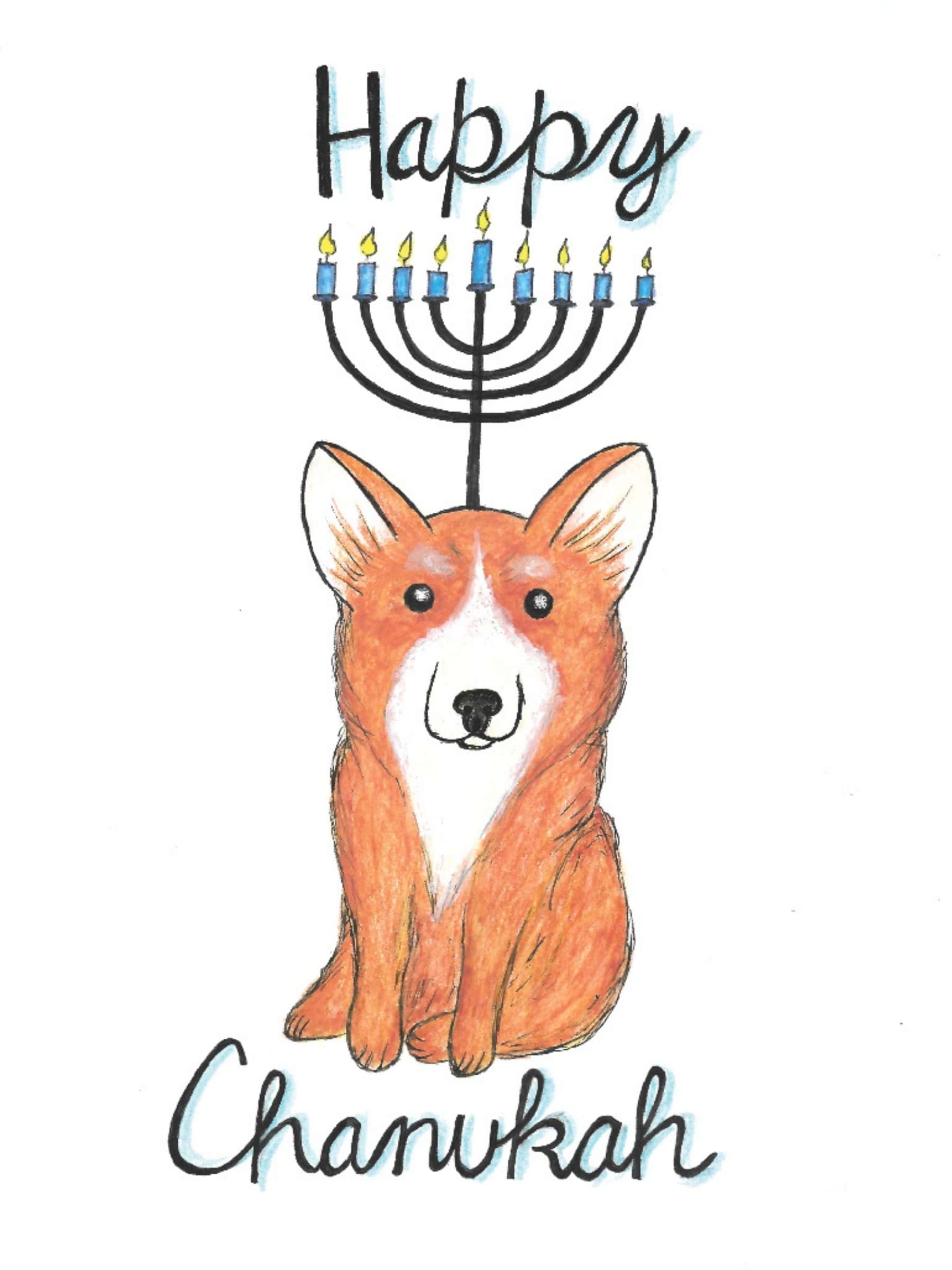 “Happy Chanukah” mini card with dreidel and dog paw illustration, perfect for pet parents.