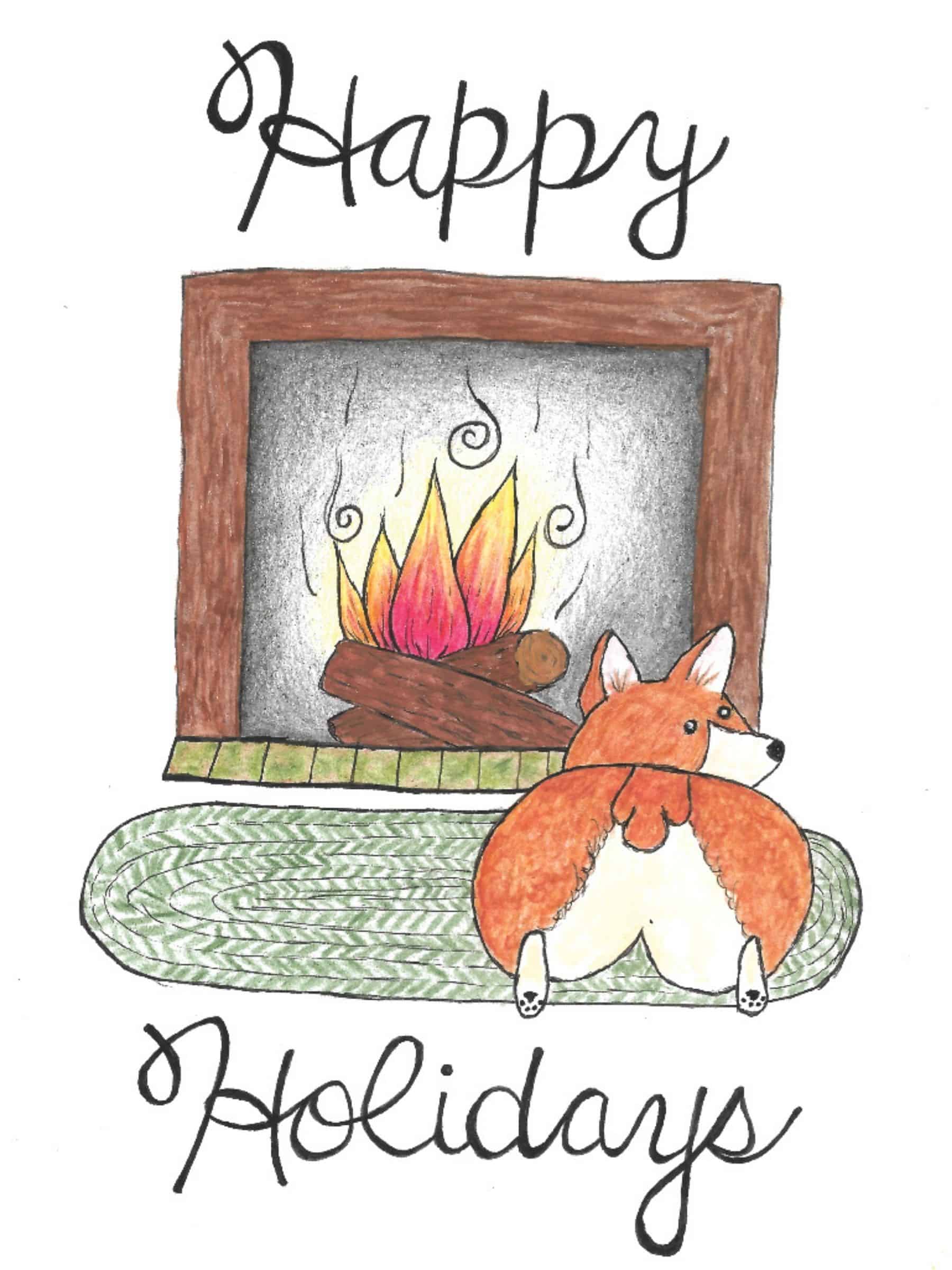 “Happy Holidays” mini card with corgi by a cozy fireplace, one of the best gifts for pet parents.