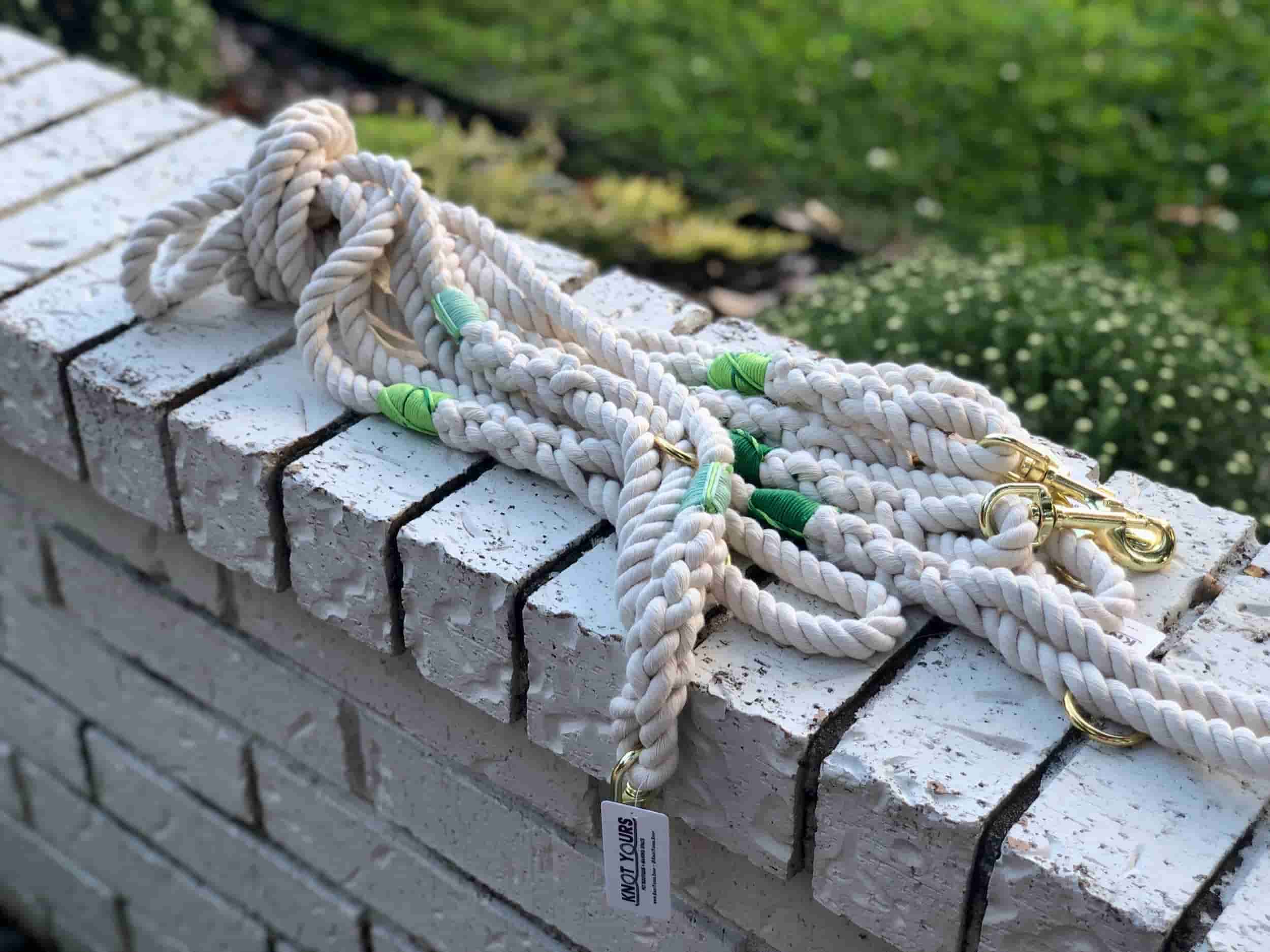Custom made natural color rope dog leash with green accents on a stone ledge