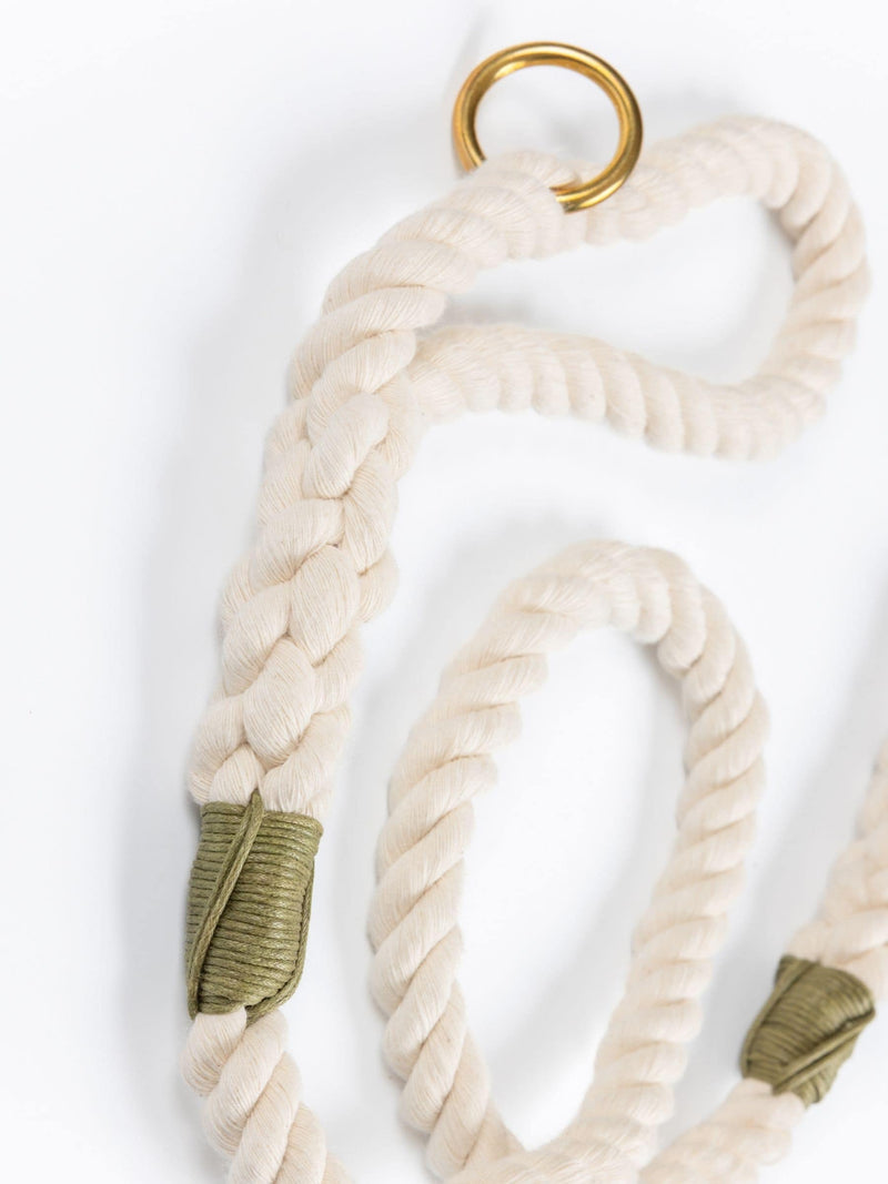 Natural rope dog leash with olive green whipping, custom handmade design