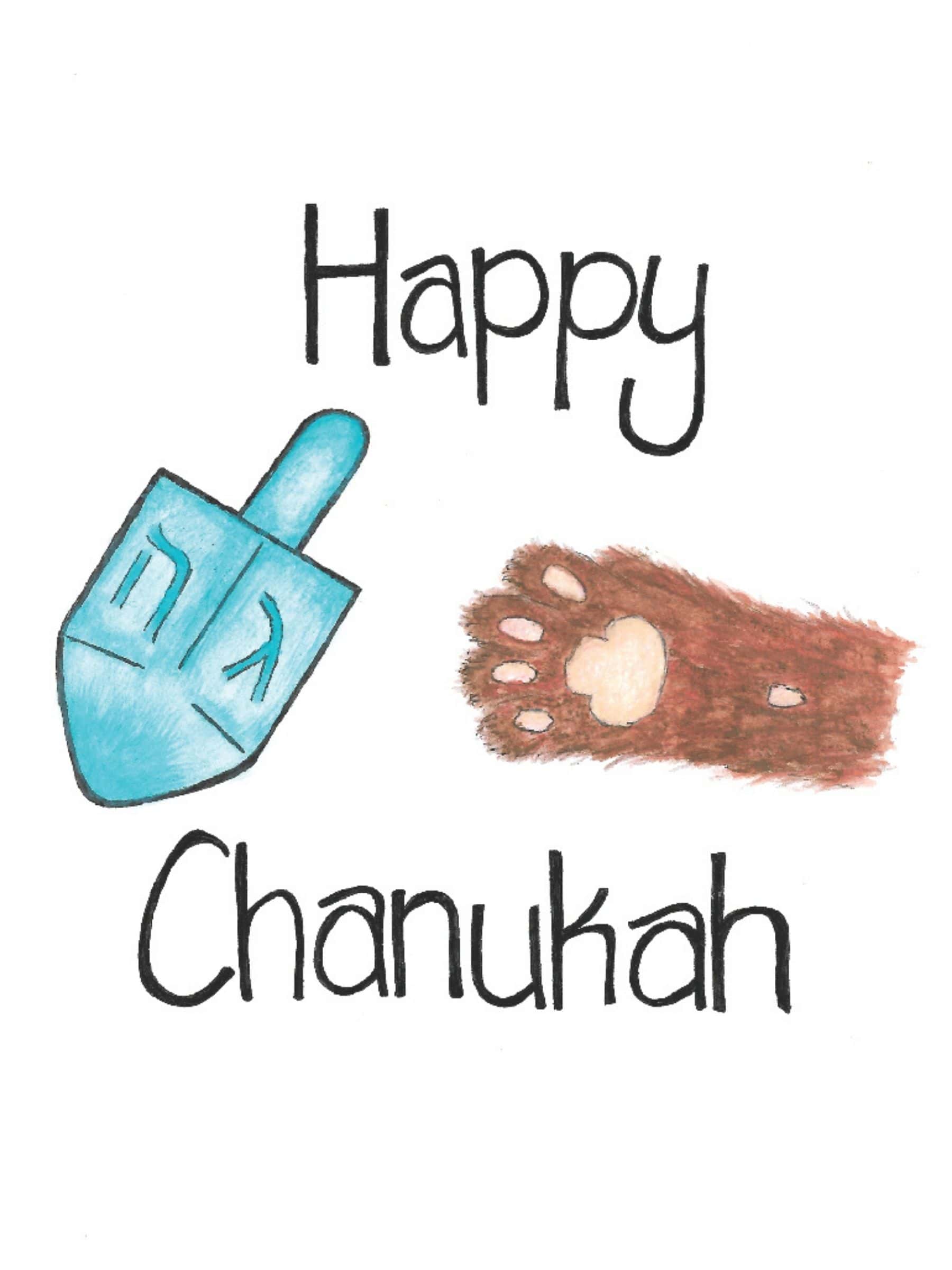 Happy Chanukah card with a blue dreidel and brown paw print on a white background