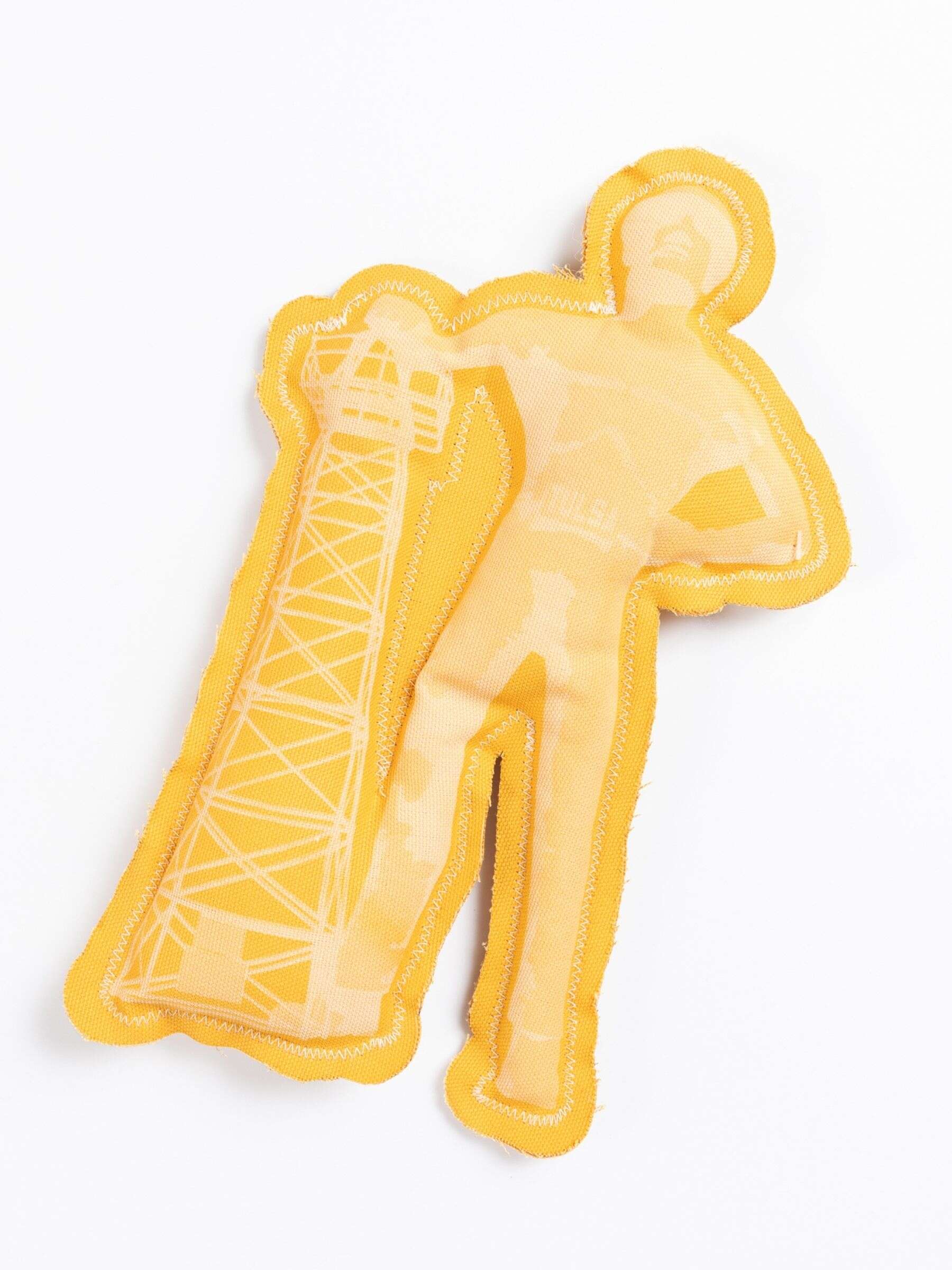 Golden Tulsa Driller squeaky dog toy in fabric, featuring oil worker statue design with oil rig tower.