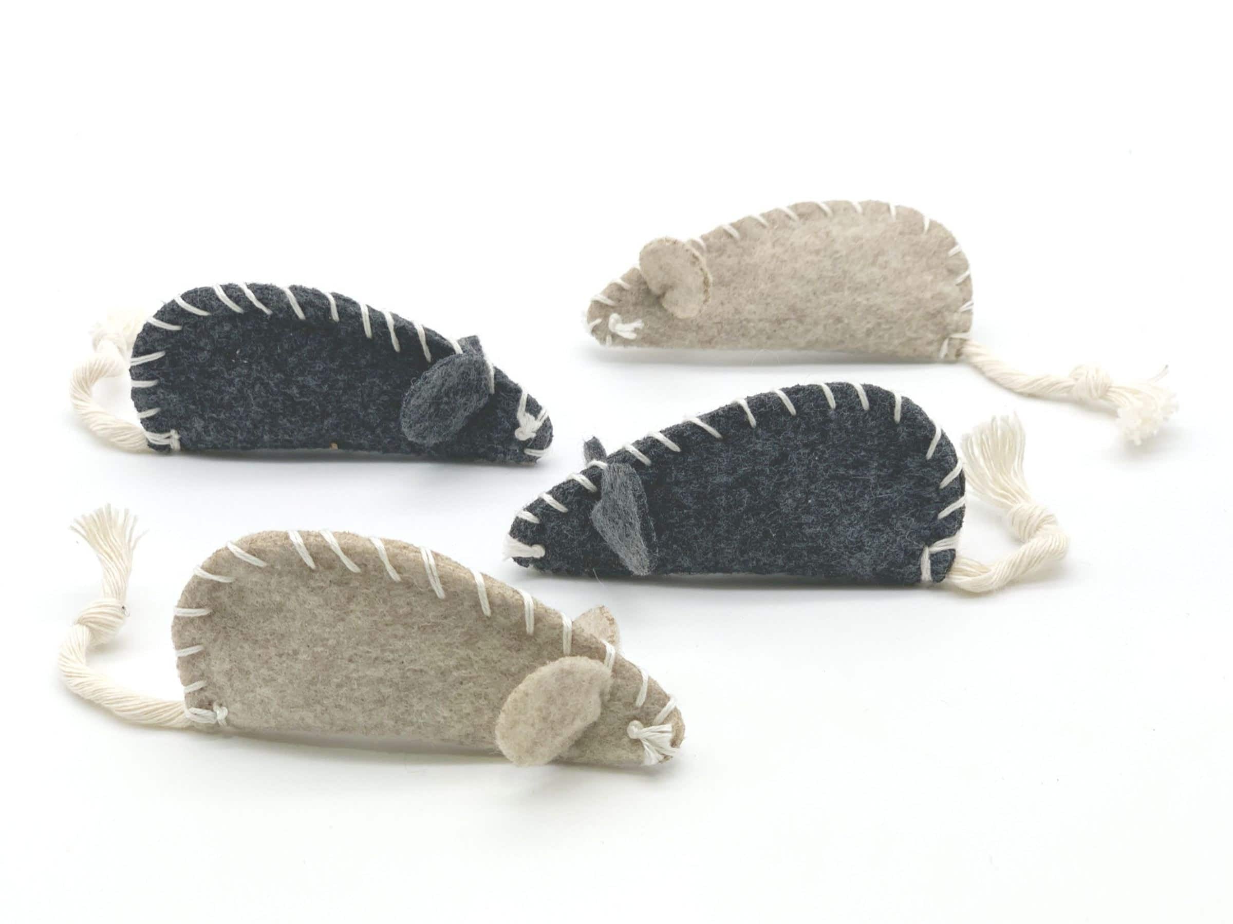 Set of four felt mouse cat toys in grey and beige with stitched edges and rope tails, soft catnip toys for cats.