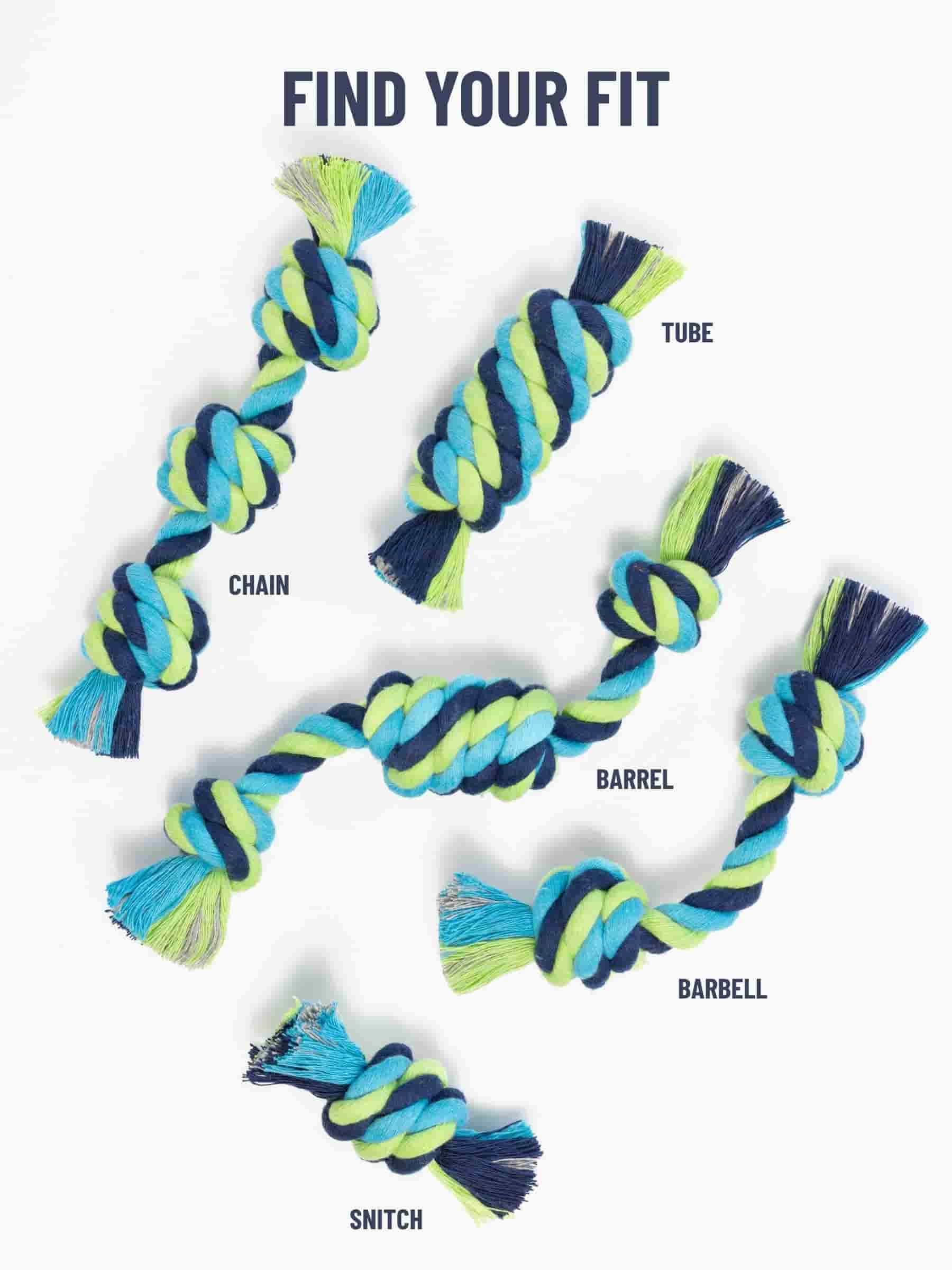 Five different dog rope toys labeled with each design type on a white background