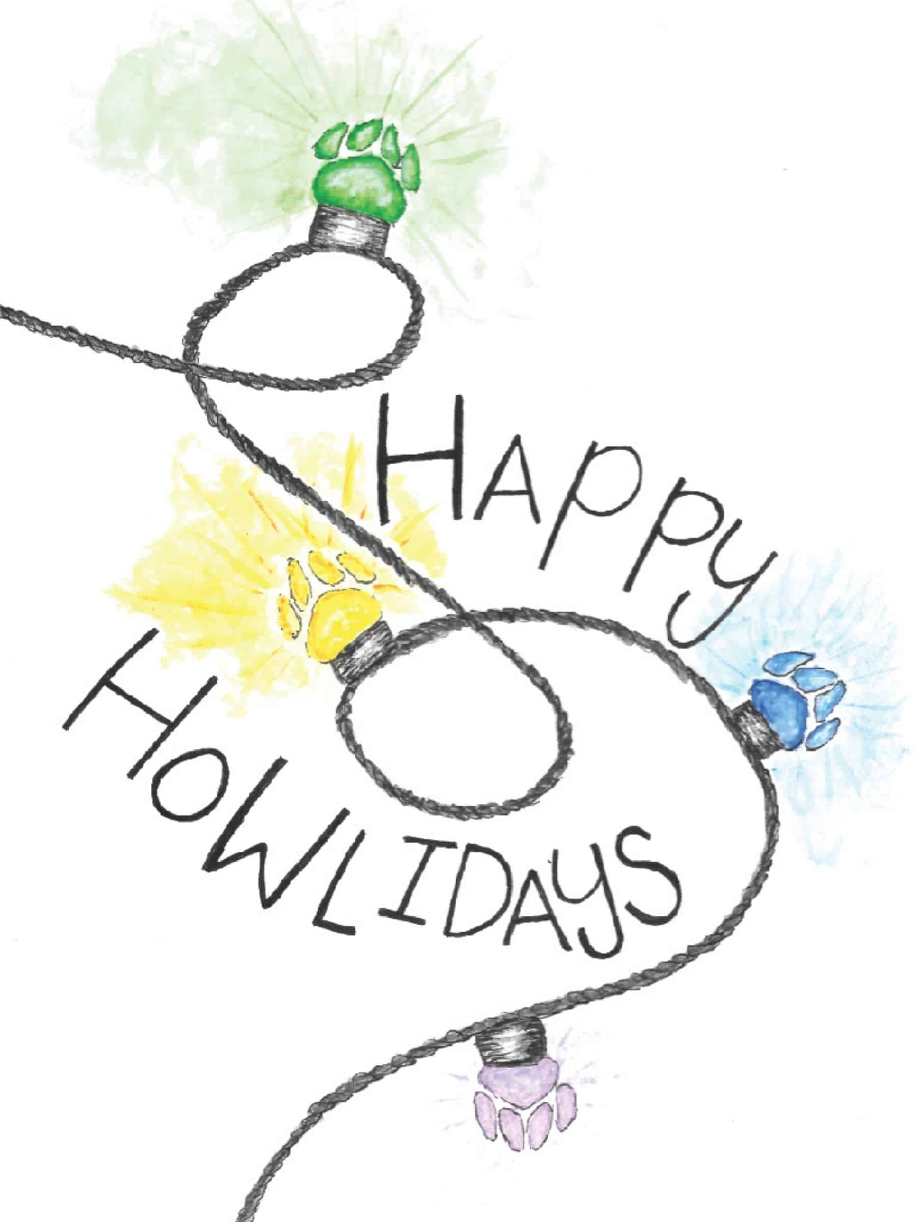 Illustration of a dog collar with paw charms and 'Happy Howlidays' text on a light background