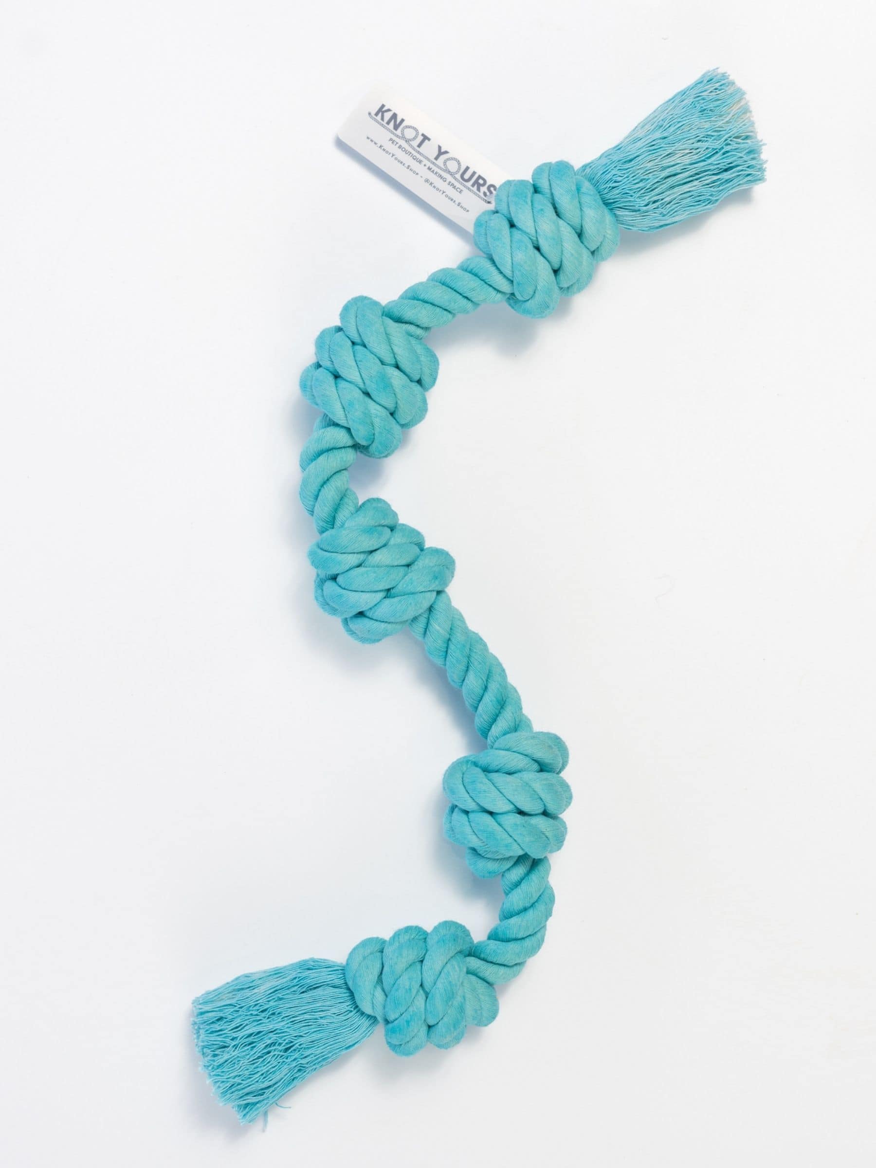 Little Gigantic aqua rope toy with five hand-tied knots.