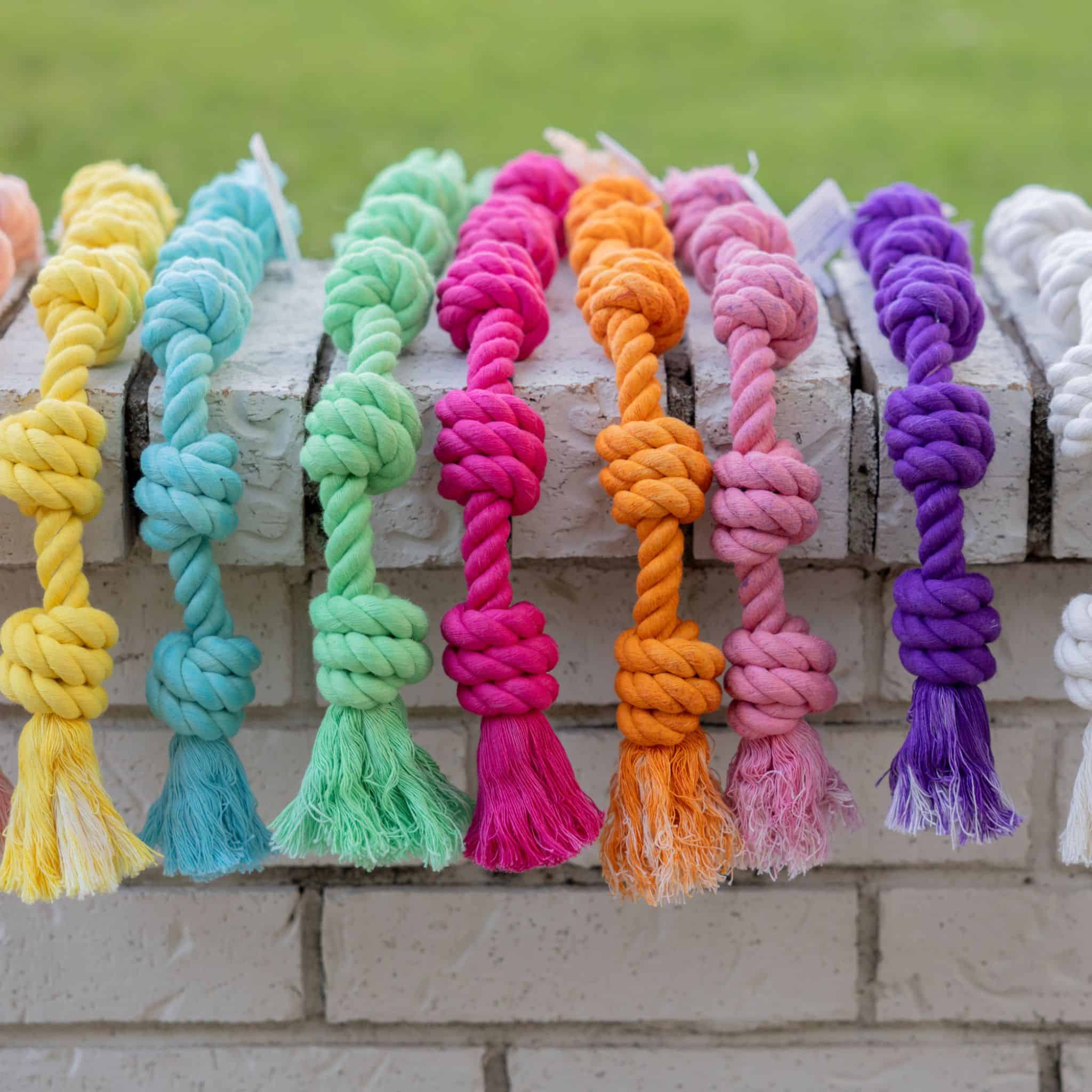 Colorful Little Gigantic rope toys for small dogs hanging on a brick ledge with grassy background.