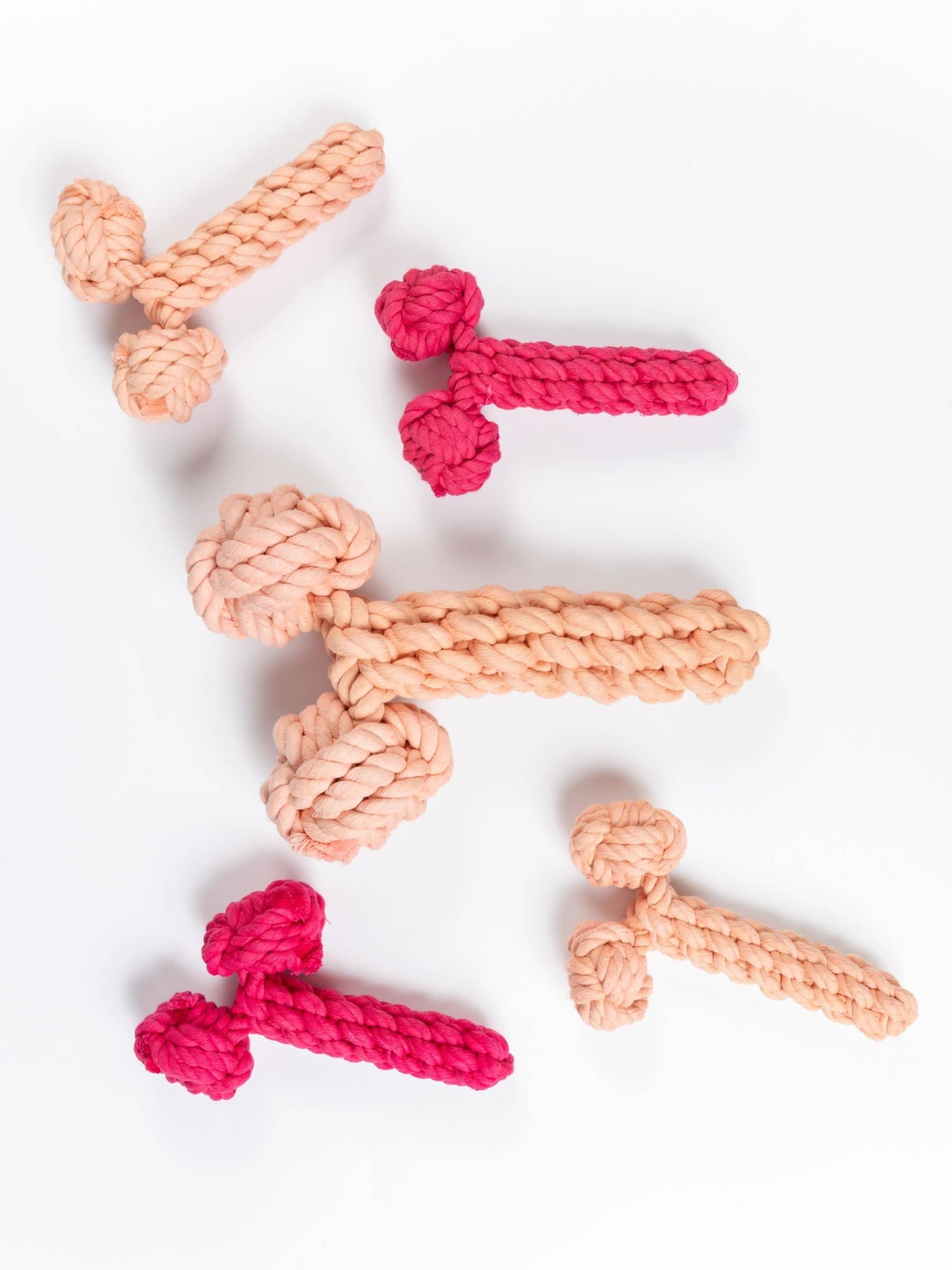 Pink and peach rope dog toys shaped as dicks on a white background