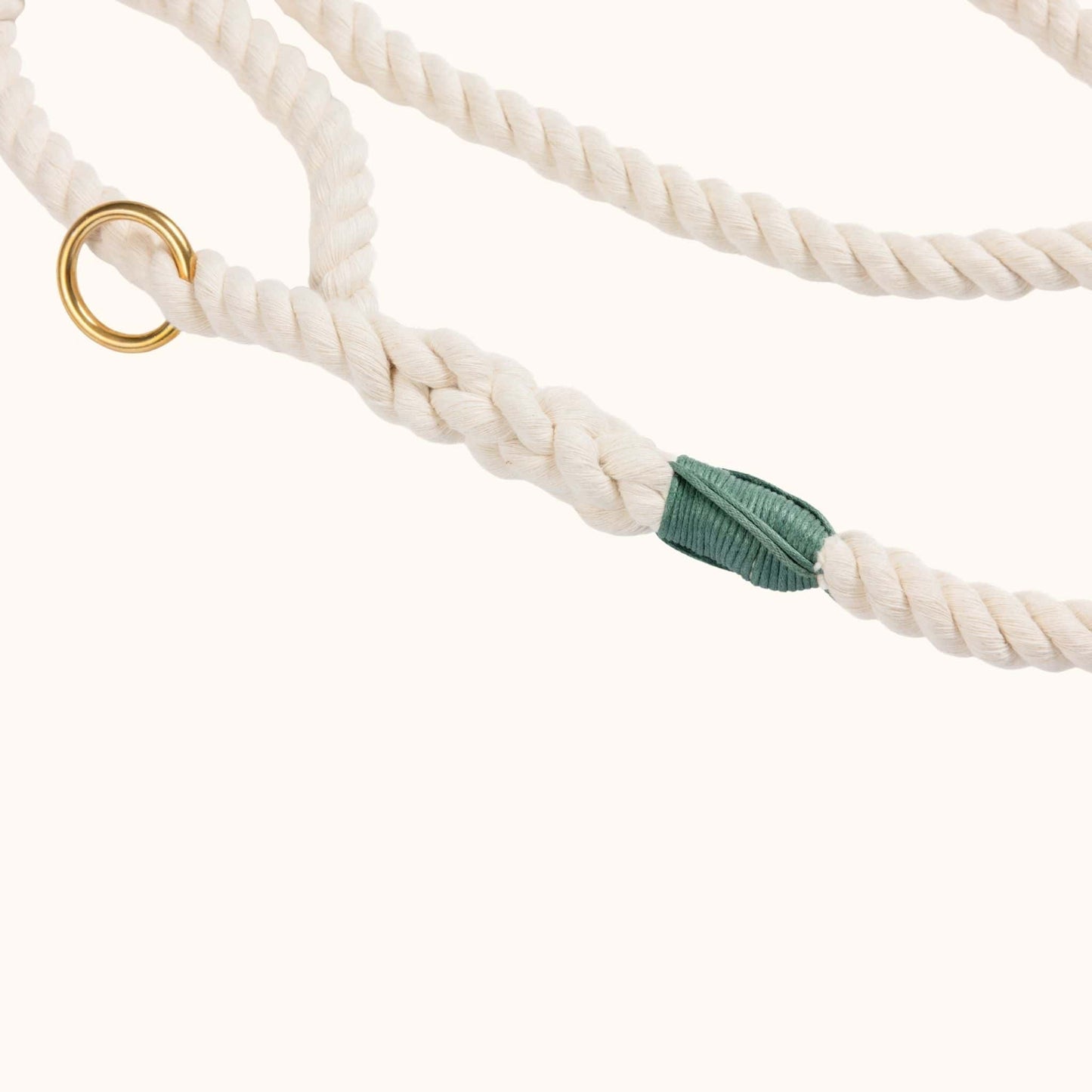 Close-up of a handmade natural cotton dog leash with dark green whipping and brass hardware.