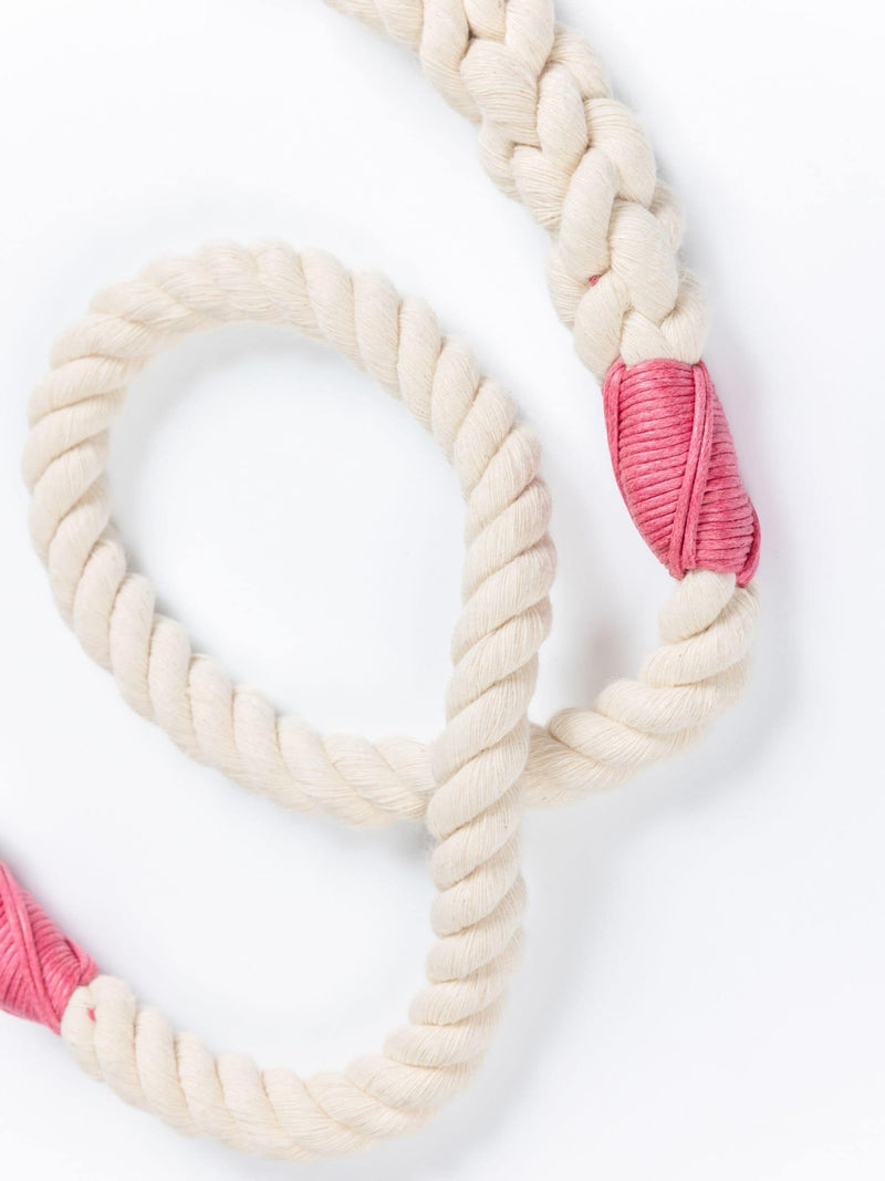 Close-up of a handmade natural cotton dog leash with fuchsia whipping detail.