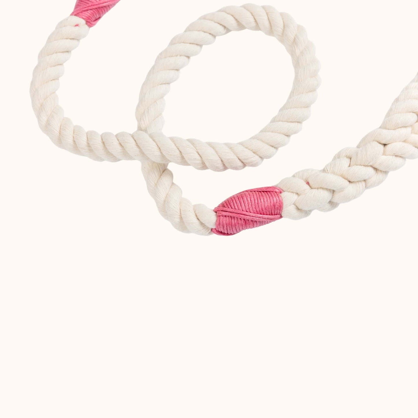 Close-up of a handmade natural cotton dog leash with fuchsia whipping detail.