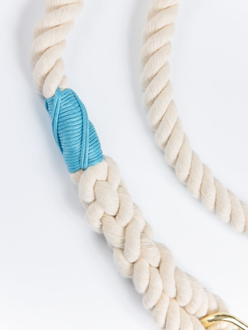 Close-up of natural cotton rope dog leash showing aqua whipping detail