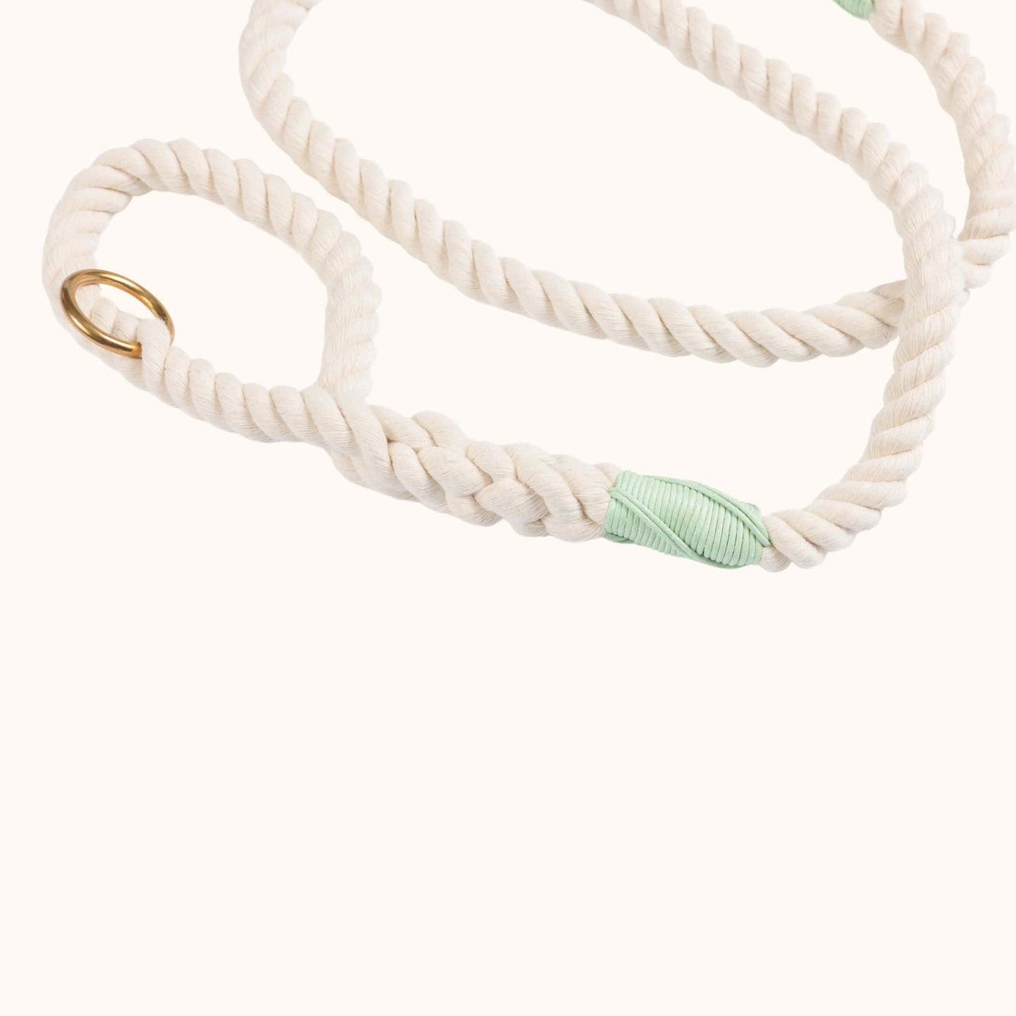 Handmade natural rope dog leash with mint green whipping and brass hardware
