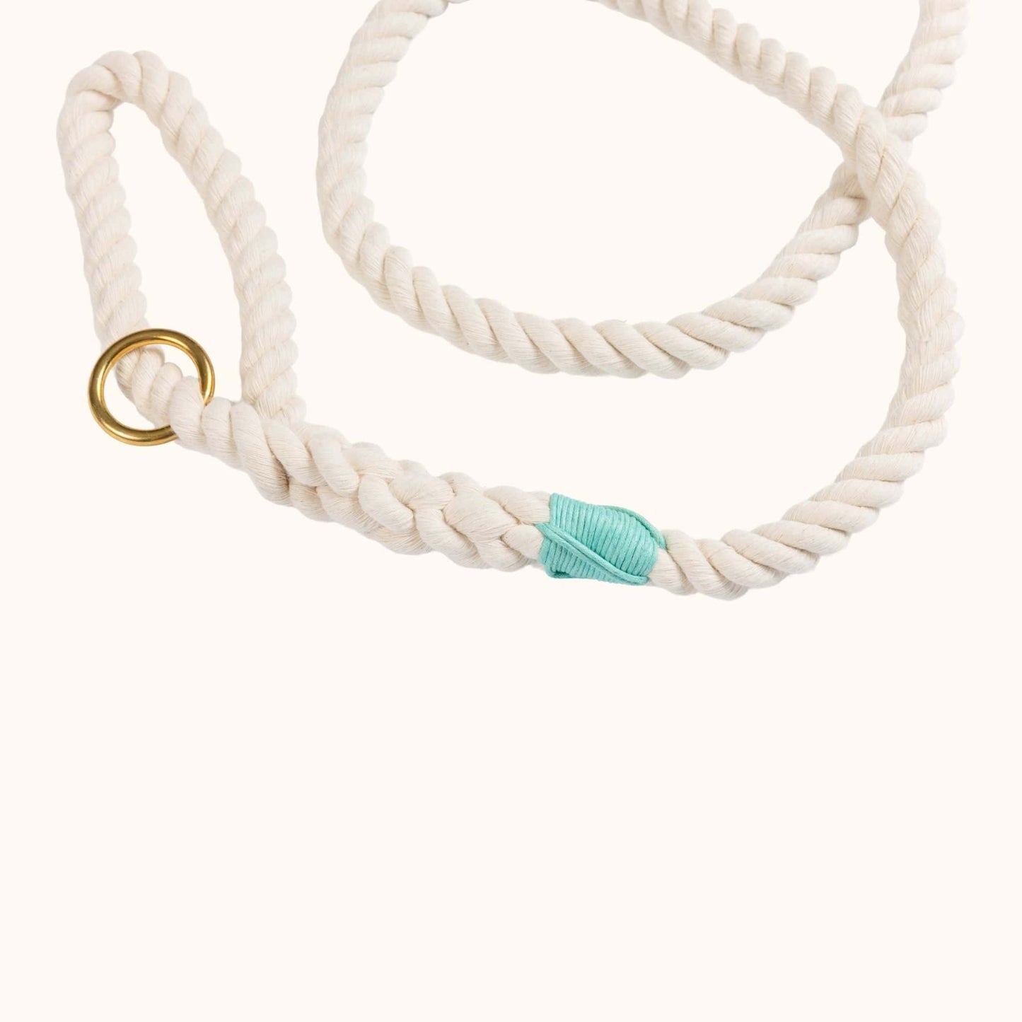 Close-up of custom made natural rope dog leash with teal whipping detail and brass clasp.