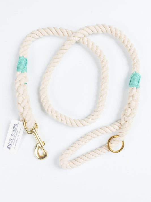 Custom natural rope dog leash with turquoise whipping detail and brass clasp.