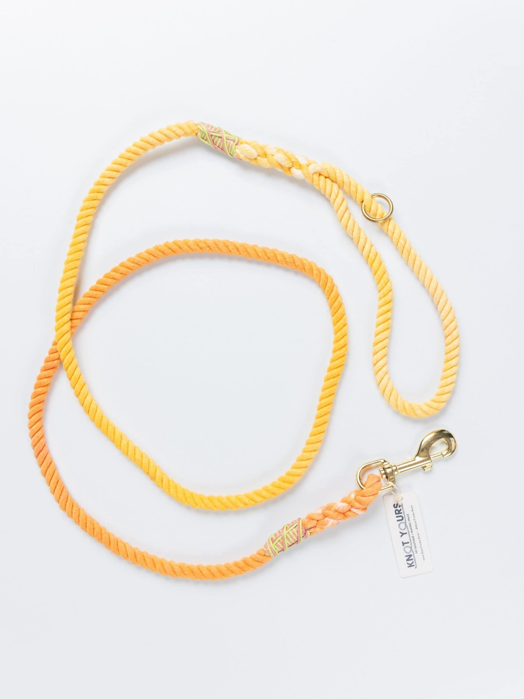Yellow dog leash with gold clasp on a white background
