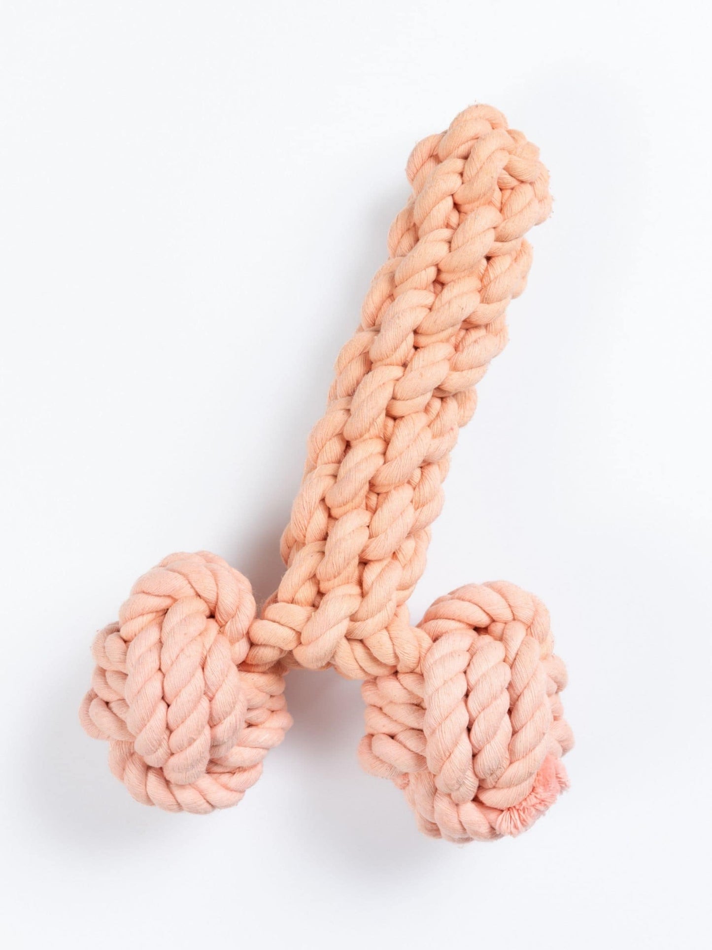 Pink knotted dog toy in the shape of a penis on a white background