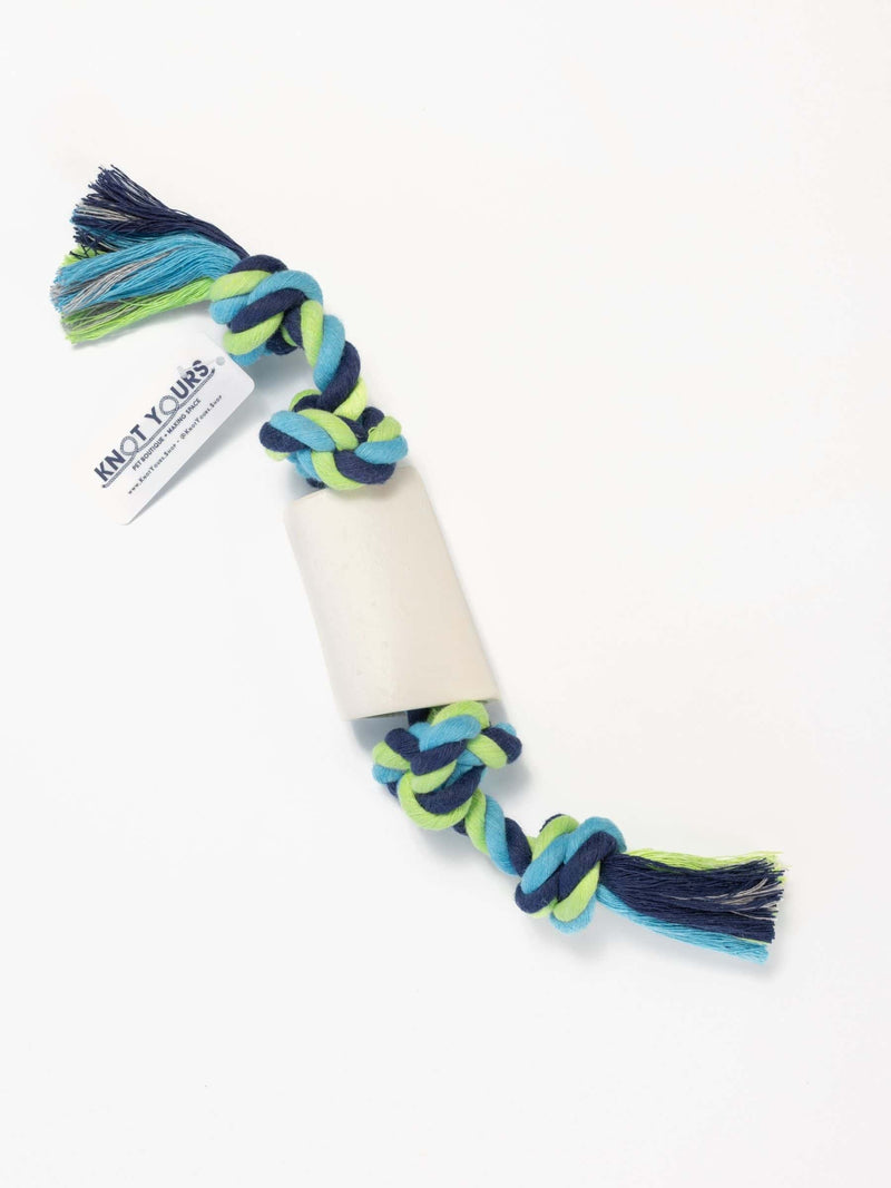 Small bone in a multi-colored knotted rope dog toy
