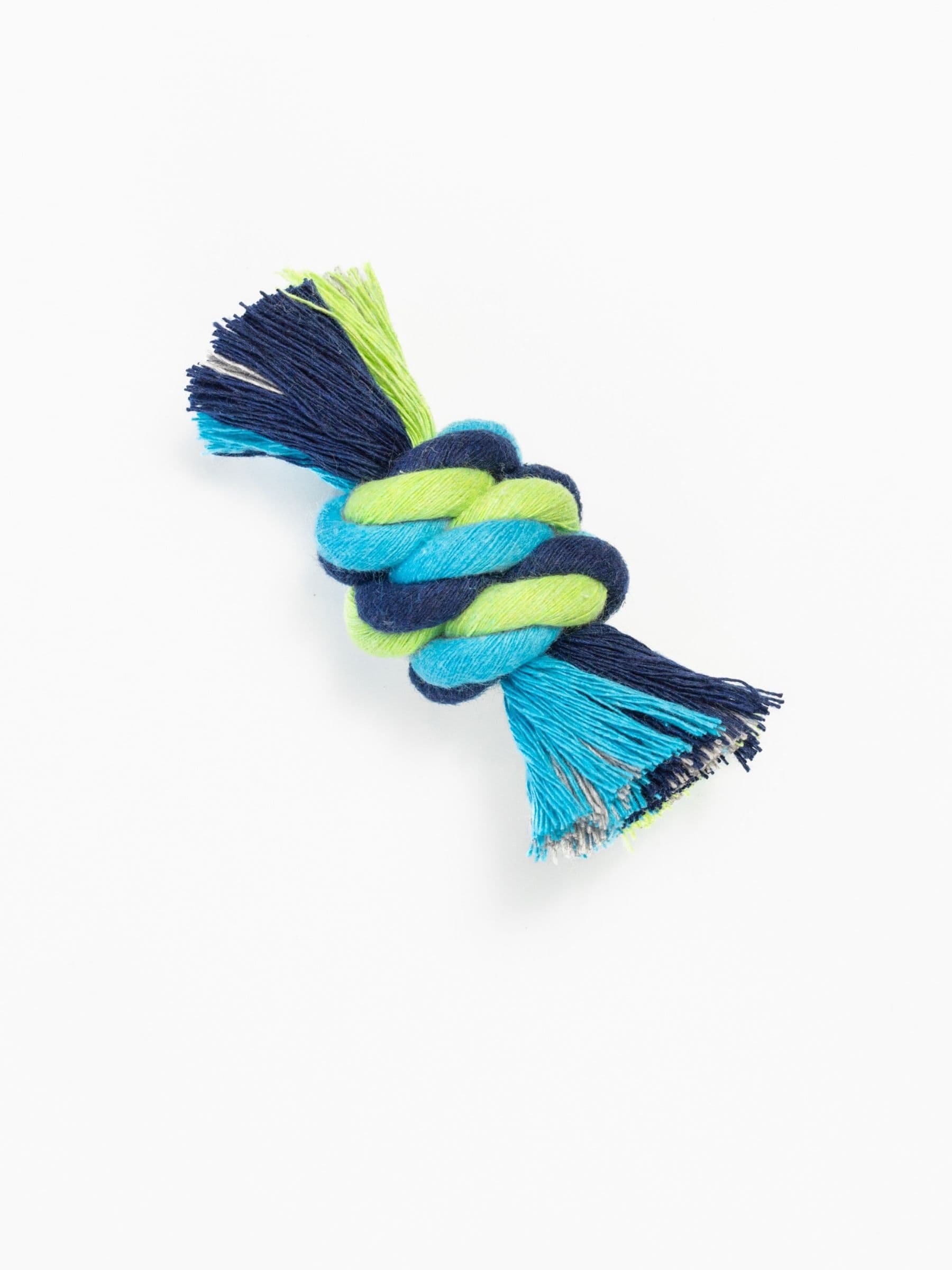 Compact snitch knot rope toy in blue, green, and navy, ideal for small dogs and teething puppies.