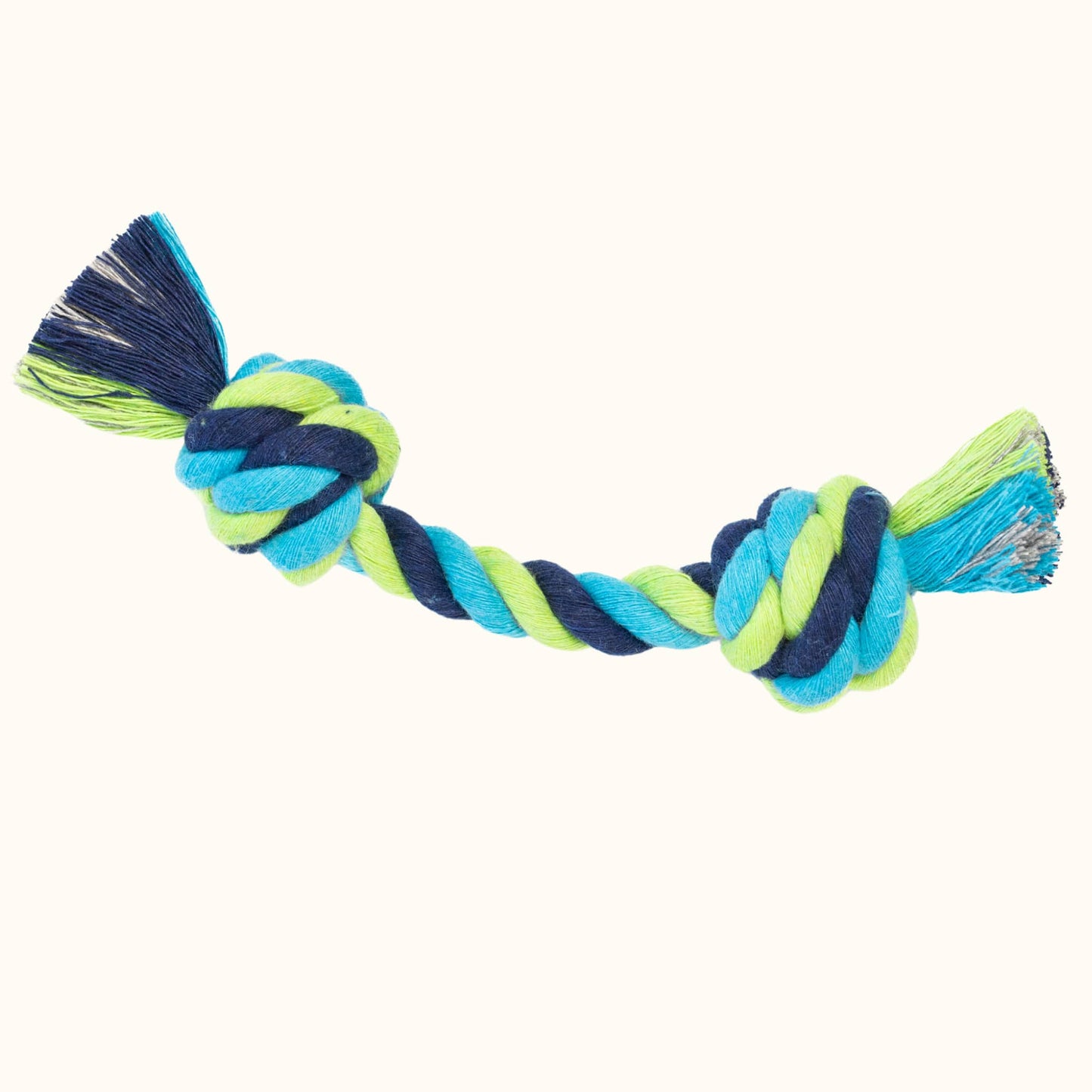 Small barbel-shaped dog rope toy made of tightly twisted blue, green, and turquoise cotton strands with knotted ends.