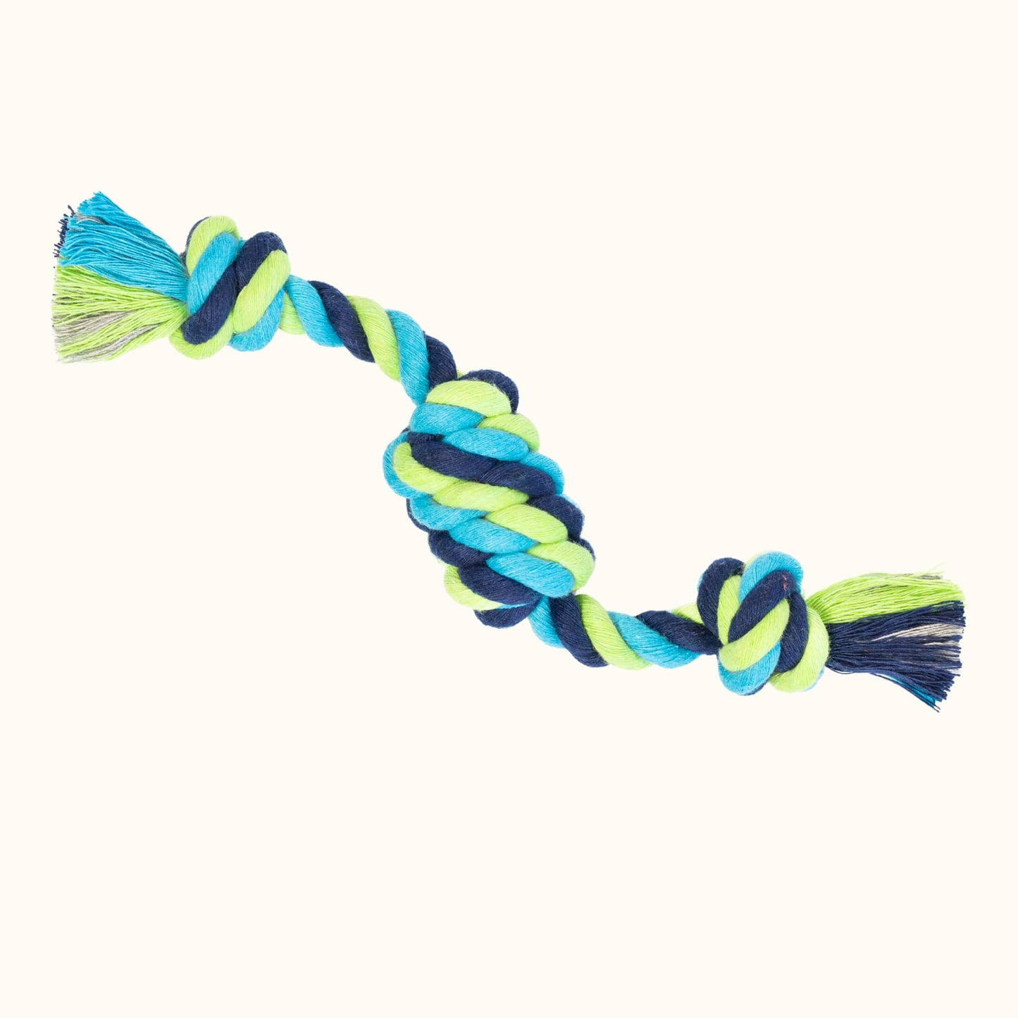 Tiny barrel-shaped rope chew toy for dogs, crafted from hand-dyed navy, lime green, and aqua rope with frayed ends.