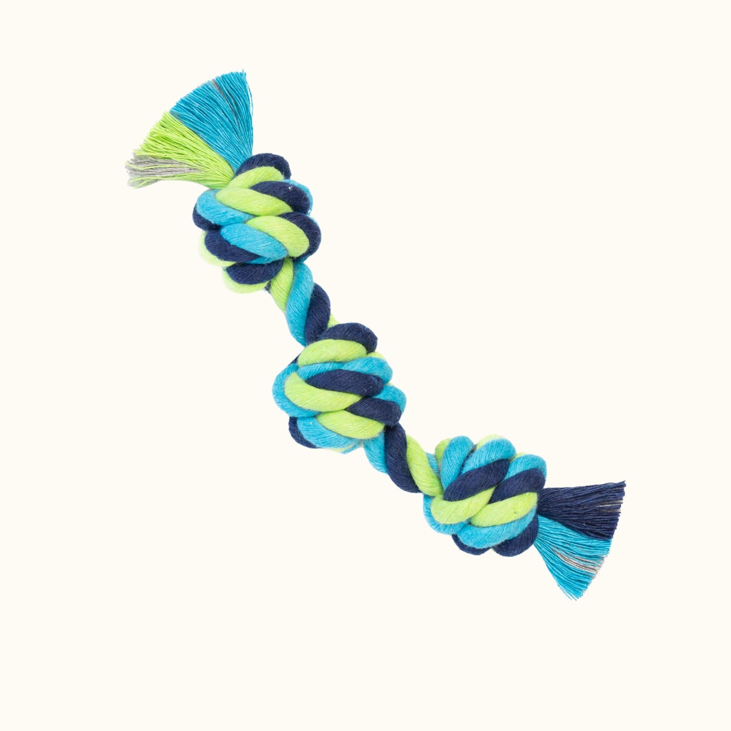 Miniature chain-style dog rope toy made of handwoven blue, green, and teal cotton rope, with three knots.
