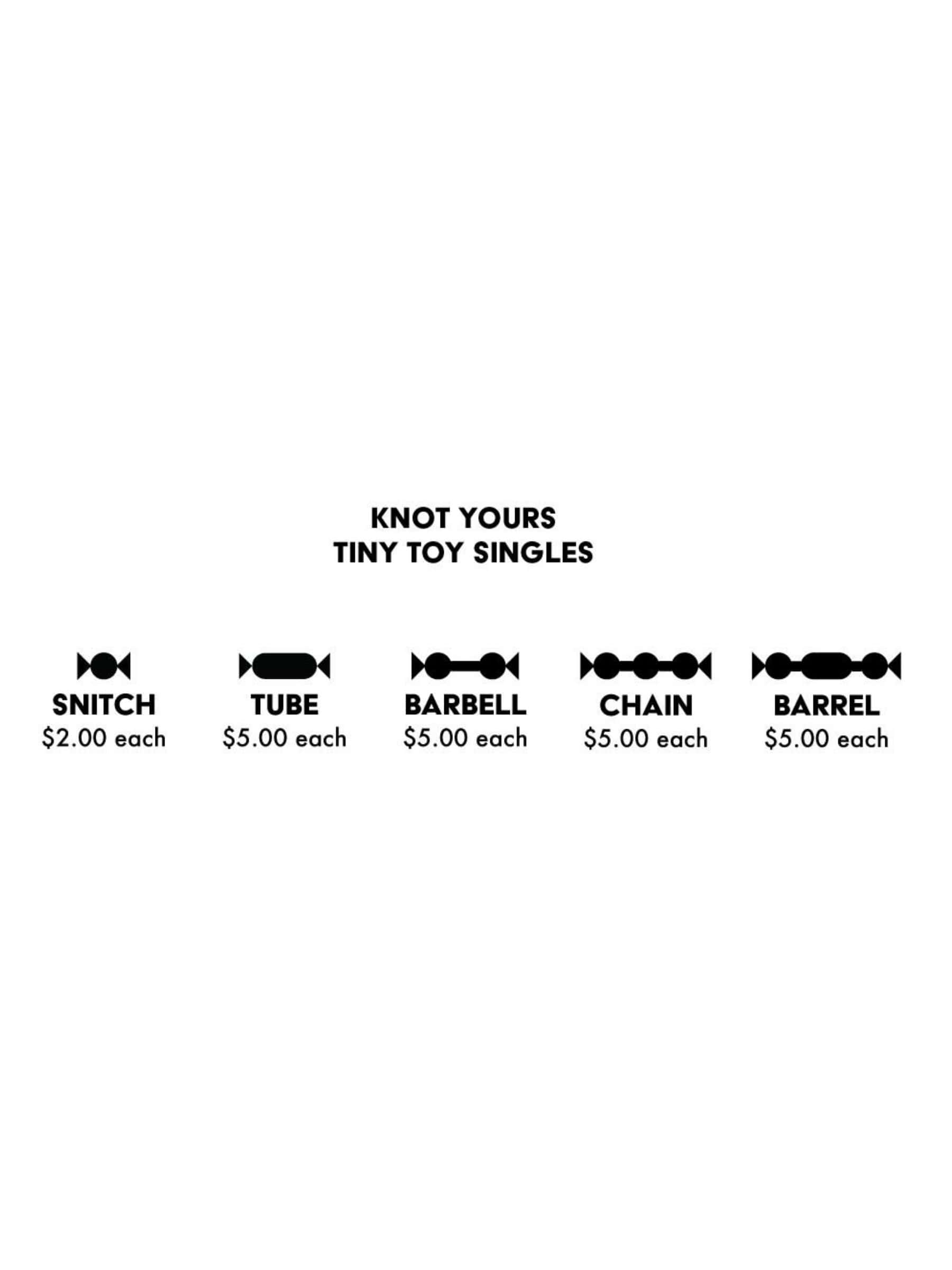 Graphic showing five styles of Knot Yours tiny dog rope toys—Snitch, Tube, Barbell, Chain, and Barrel—with prices for each small dog toy.