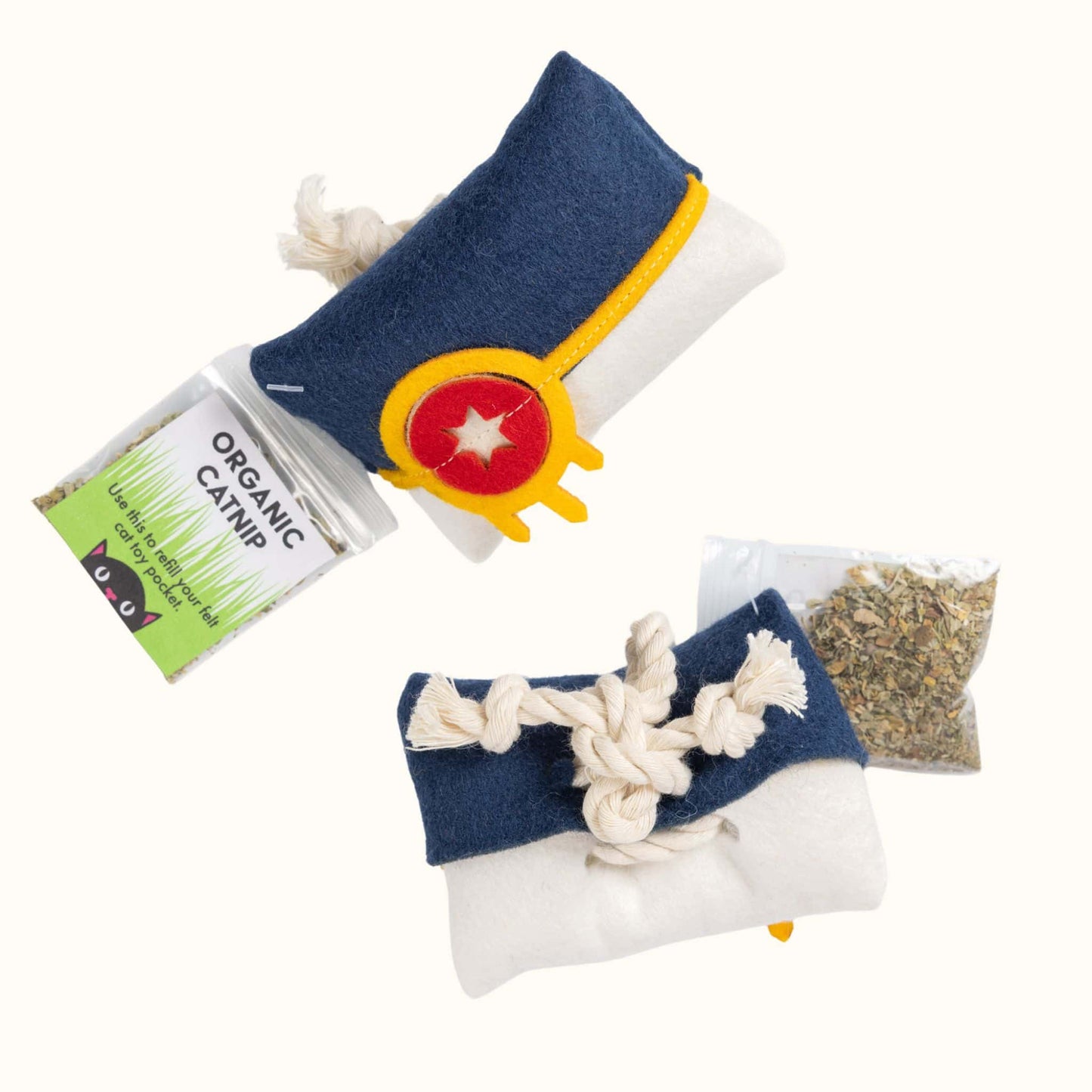 Front and back view of Tulsa Flag Catnip Pillow with organic catnip refill pack, durable felt catnip pillow toy for cats.