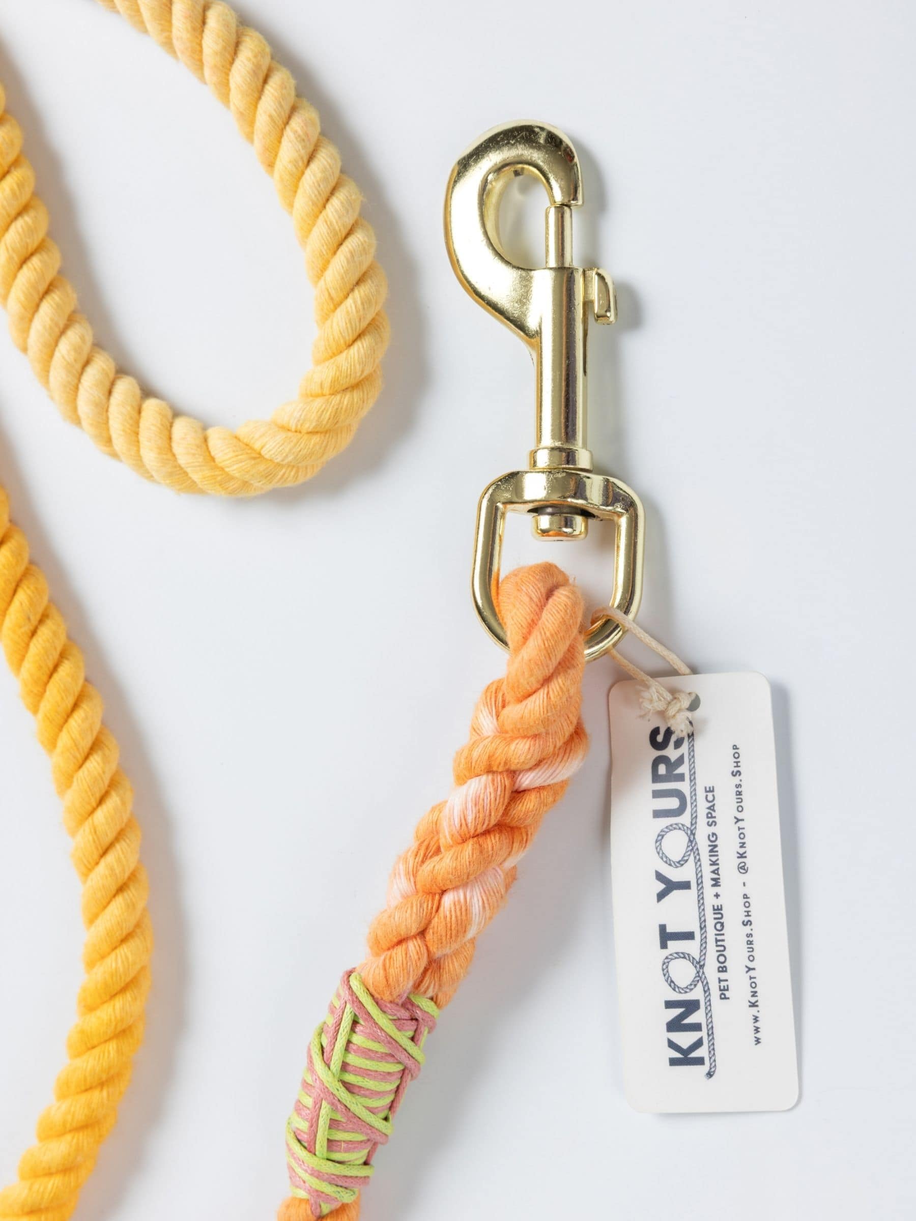 Yellow ombre rope dog leash with smooth gradient coloring and brass clasp