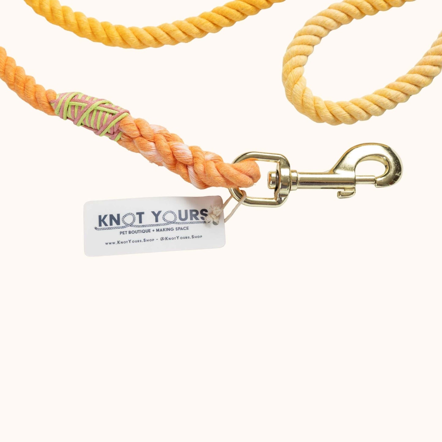Yellow ombre rope dog leash with smooth gradient coloring and brass clasp