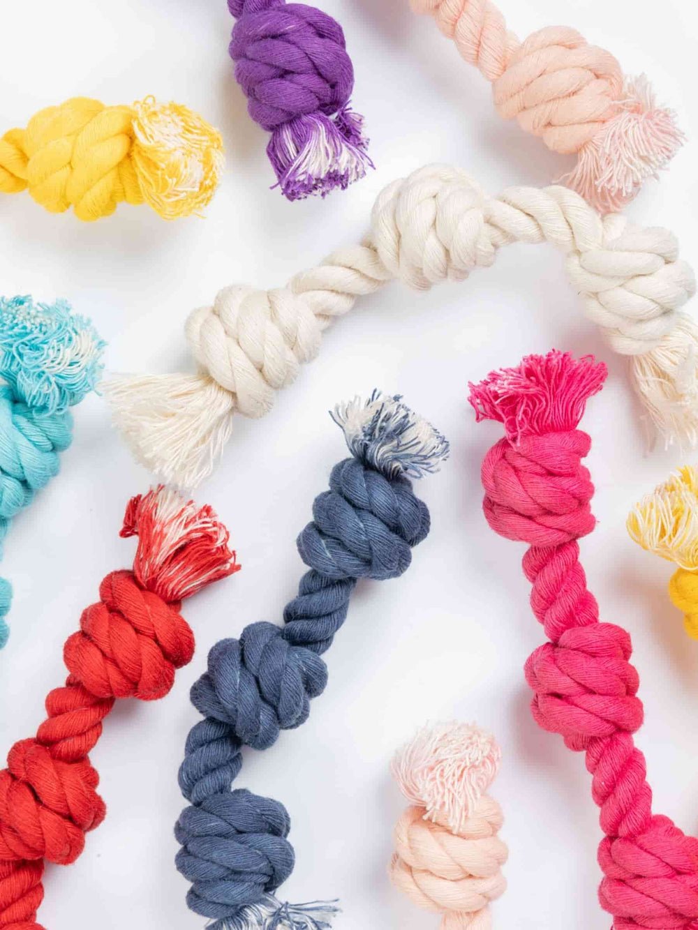 Close-up mix of colorful Baby G chew toys for small dogs, made with knotted cotton