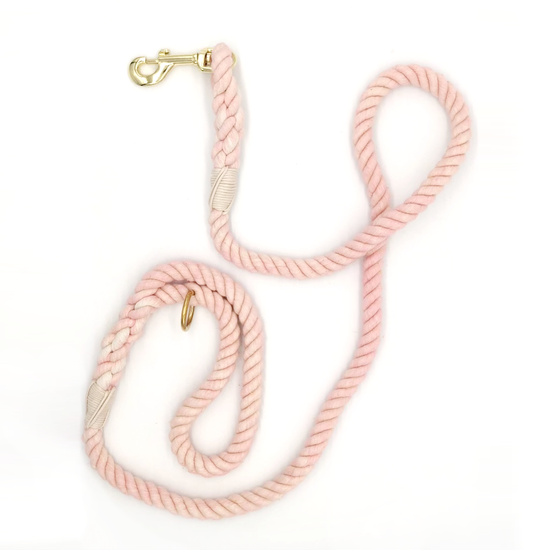 Knot Yours handcrafted rope lead in rose quartz with natural whipped ends and a brass accessory ring and bolt