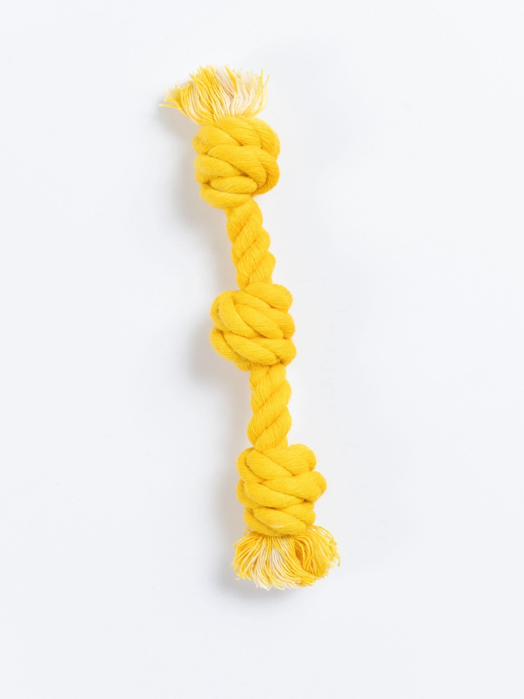 Bright yellow cotton rope toy with three knots for extra small dogs and cats, part of the Baby G line
