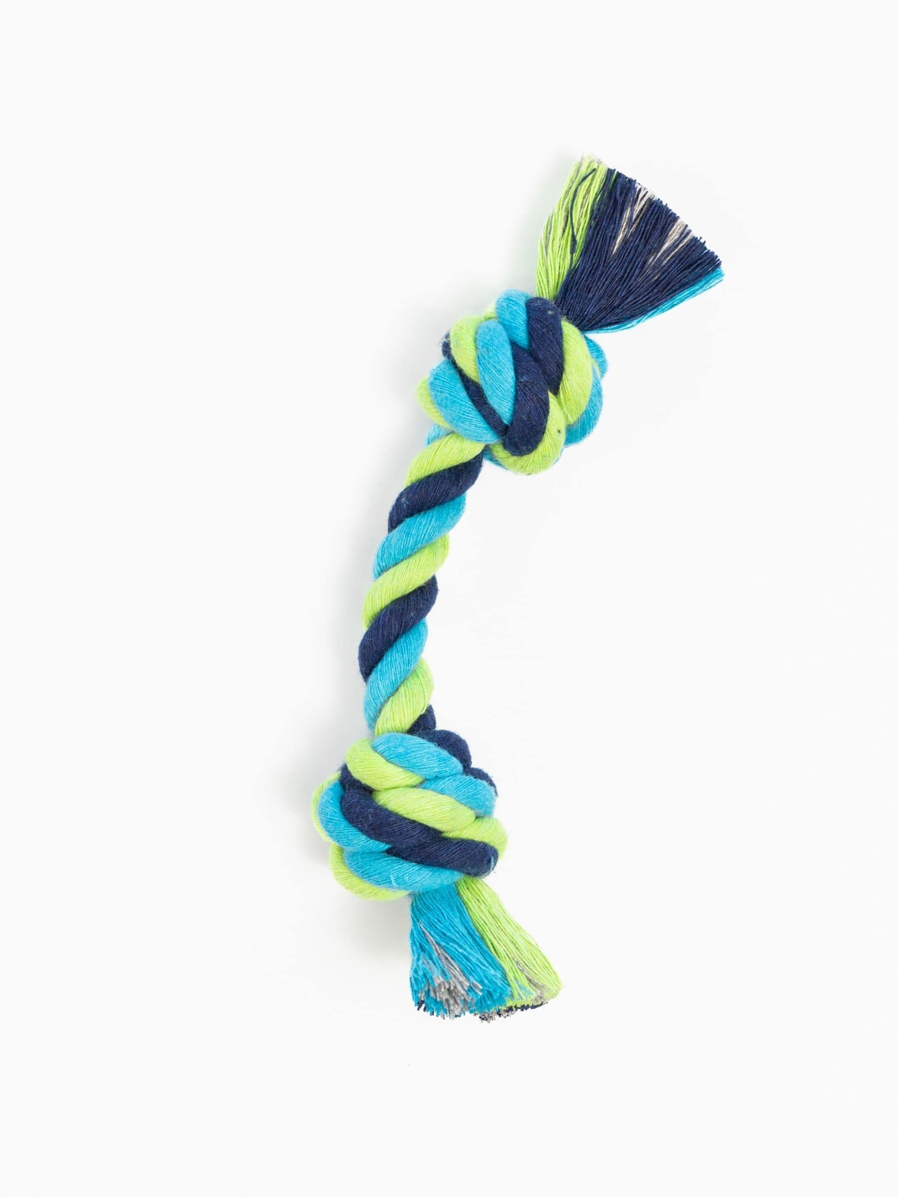 Colorful barbel knot rope toy in blue, green, and navy, designed for small dogs and puppies.
