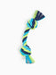 Colorful barbel knot rope toy in blue, green, and navy, designed for small dogs and puppies.