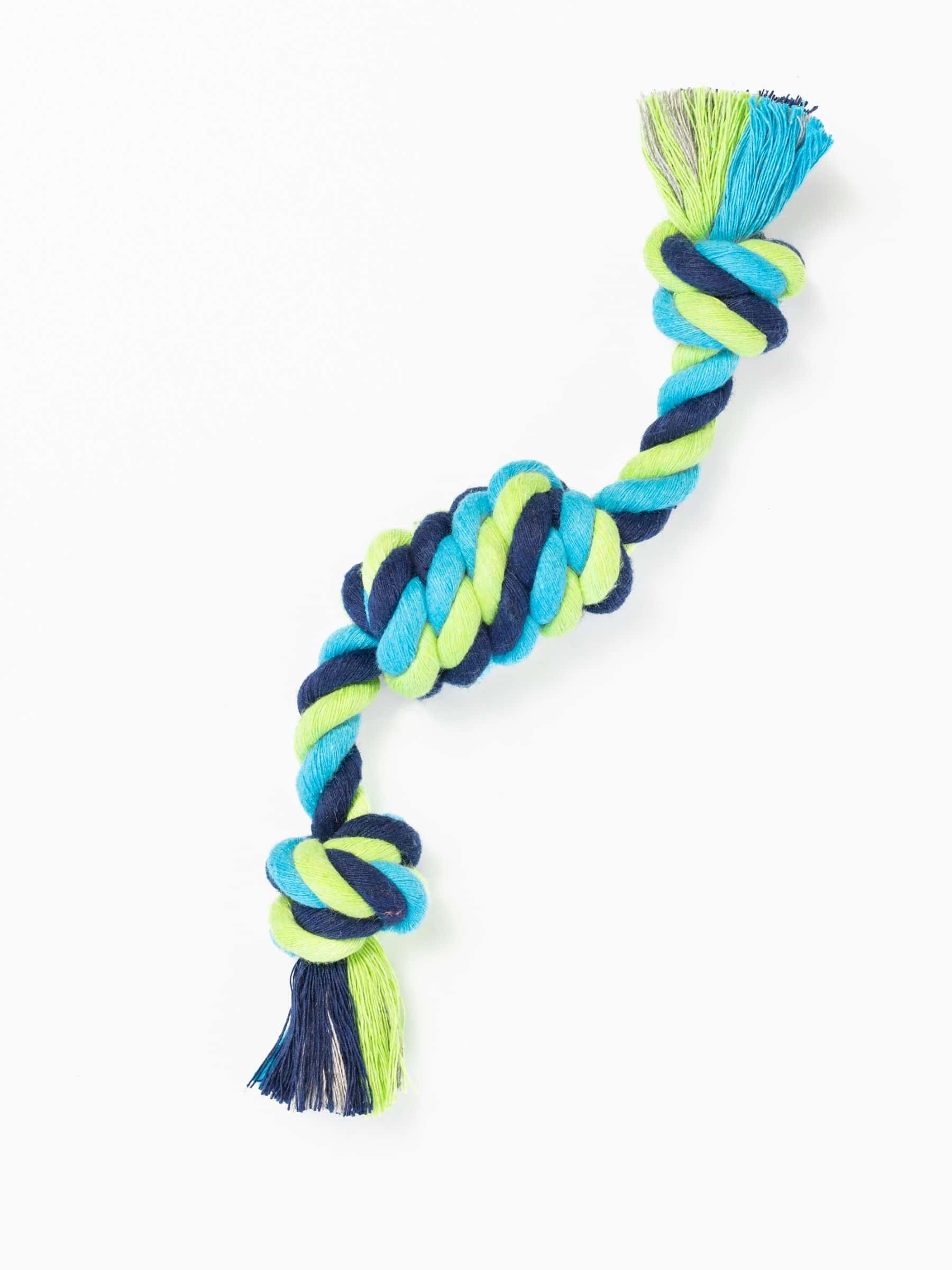 Colorful barrel knot dog rope toy with twisted blue, green, and navy strands, ideal for small dogs and puppies.