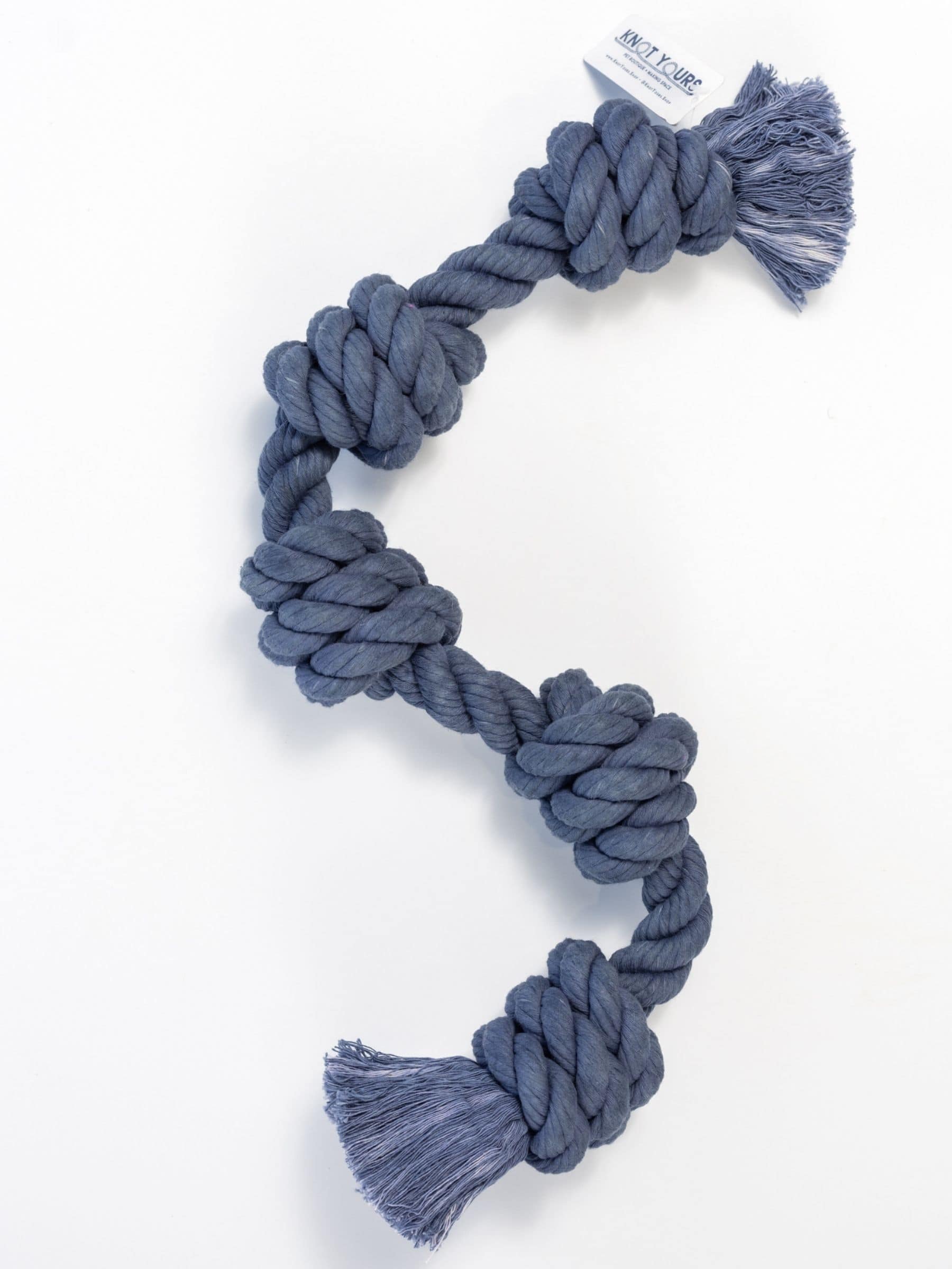 Navy blue big dog cotton rope toy, featuring five knots