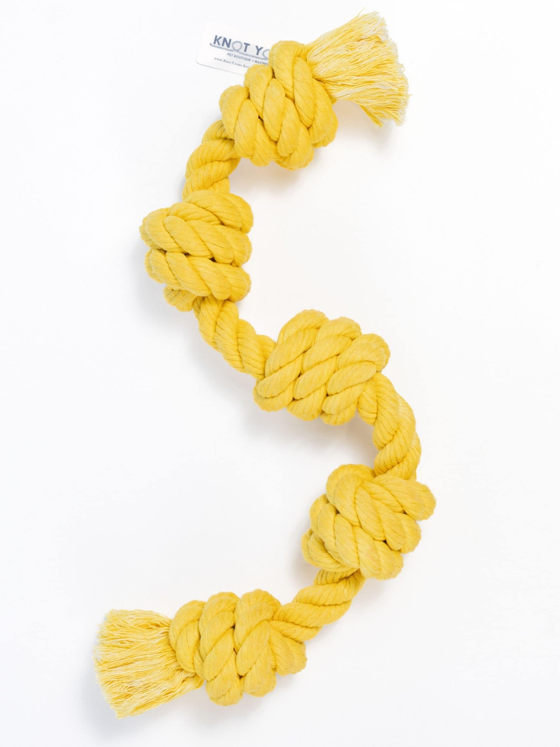 Large yellow rope toy with five knots for big dogs, handmade and hand-dyed