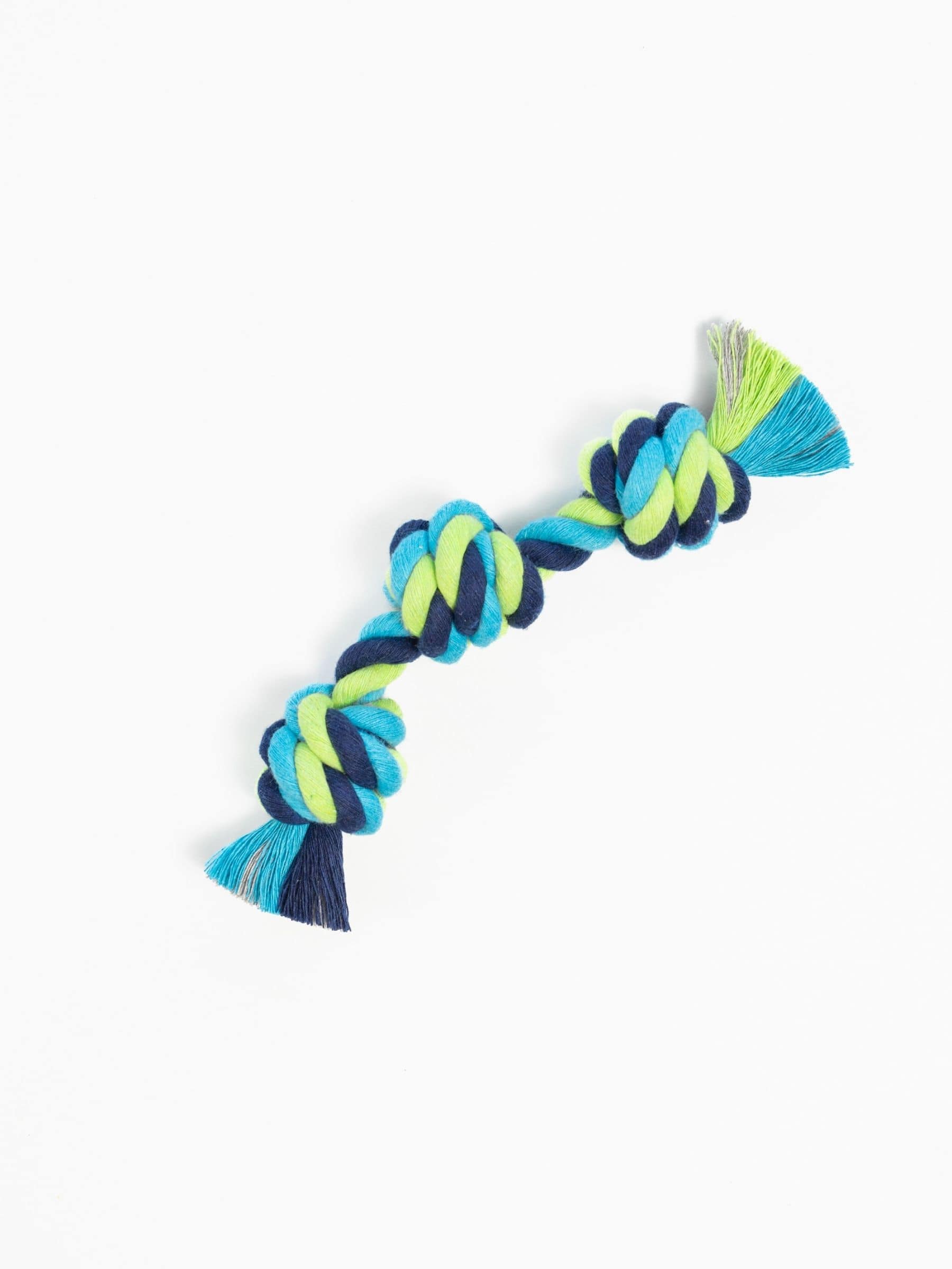 Triple-knot chain rope toy made of bright green, blue, and navy strands designed for small dogs and puppies.