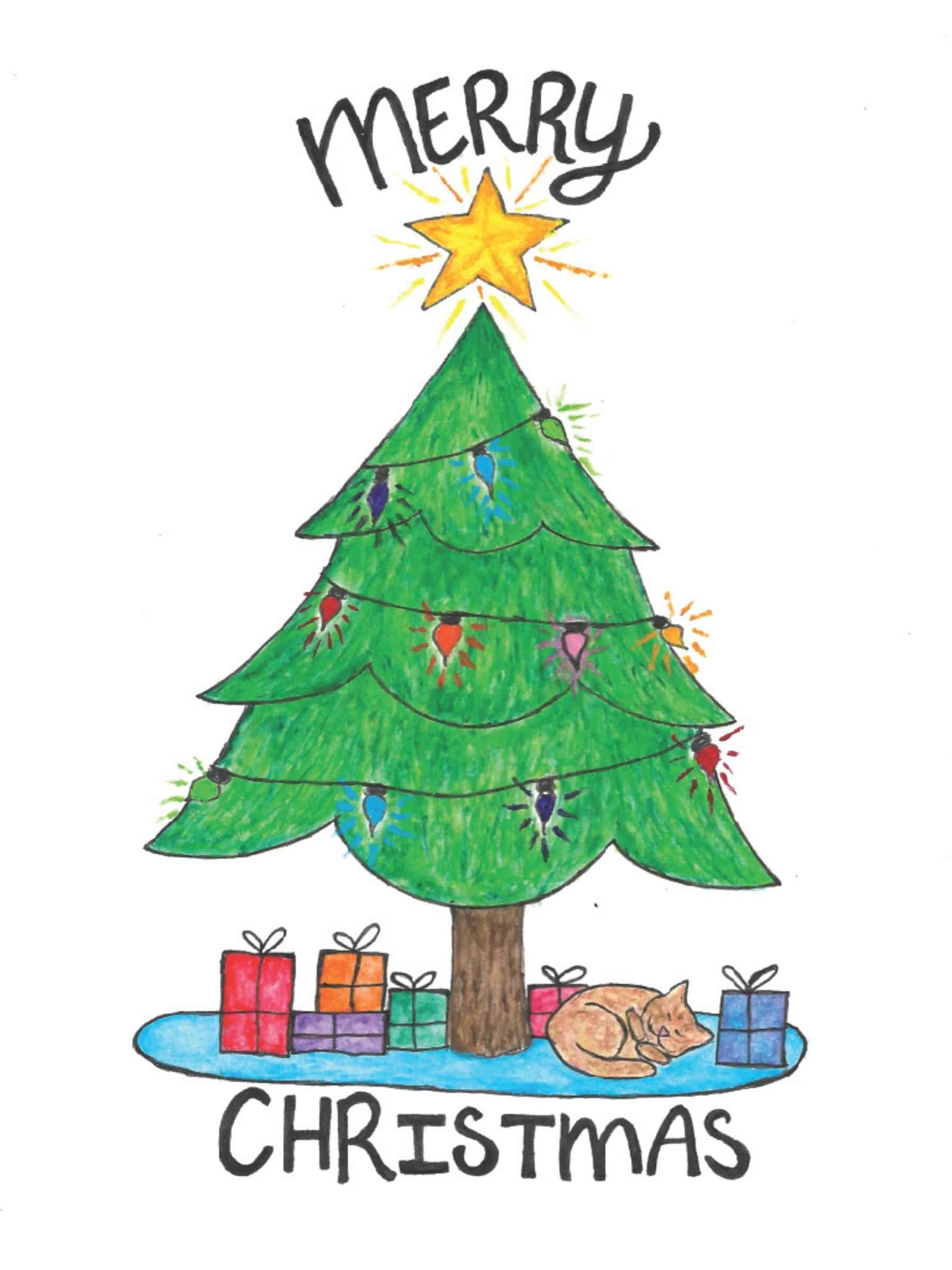 “Merry Christmas” mini card with Christmas tree and sleeping cat illustration, a charming gift for pet parents.