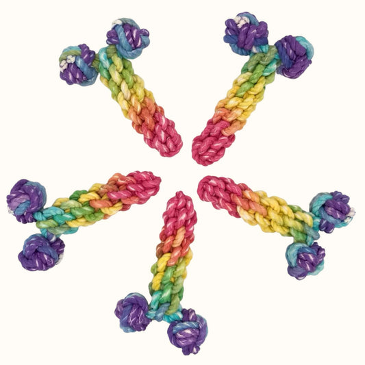Six rainbow-colored rope dog toys shaped like penises arranged in a circular starburst pattern, each featuring braided cotton rope with knotted ends for chewing and durability.