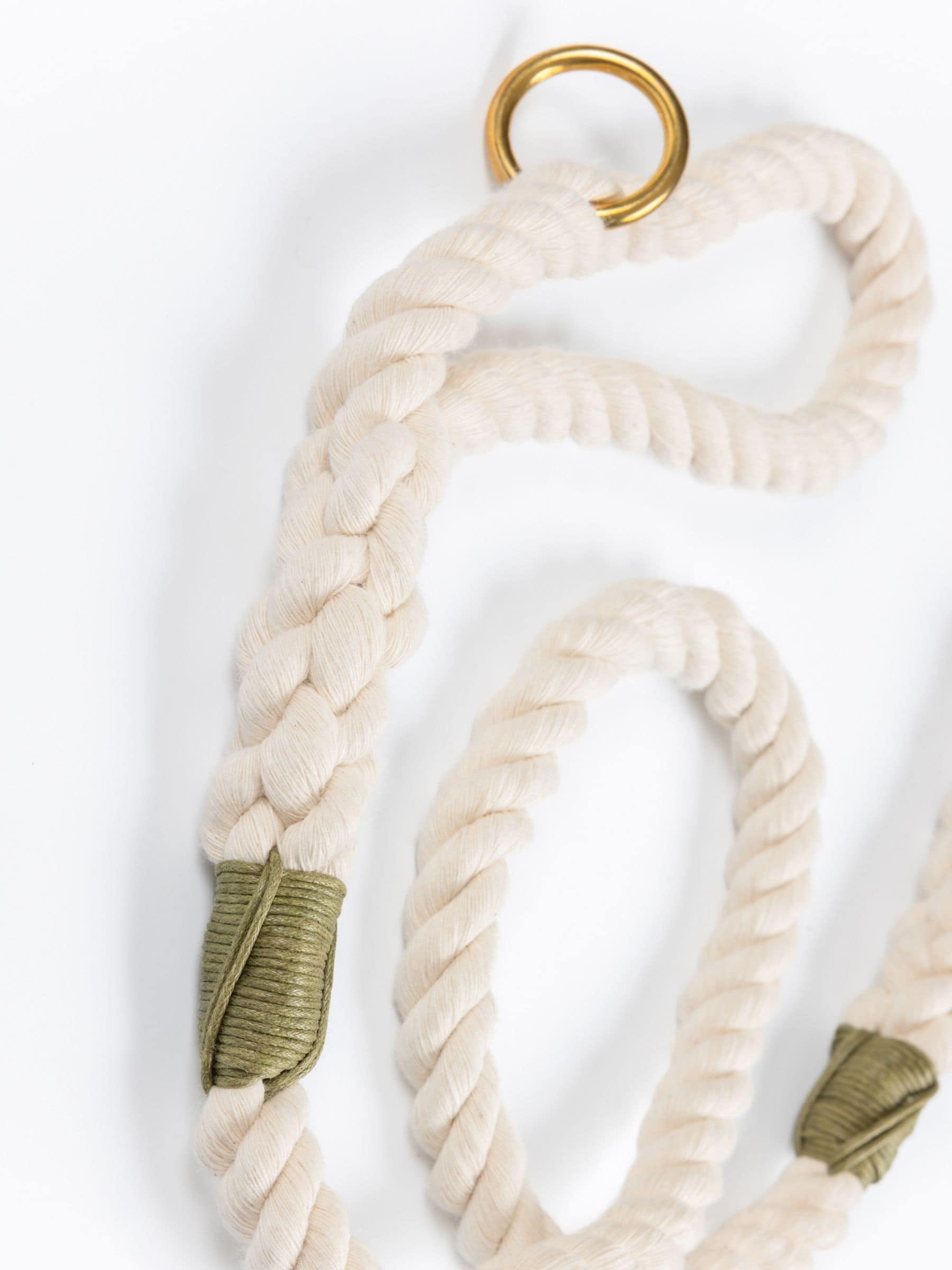 Natural rope dog leash with olive green whipping, custom handmade design