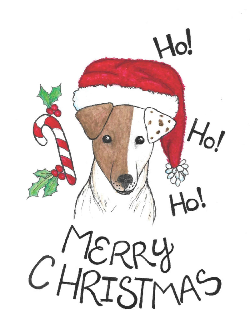 “Merry Christmas” mini card with dog in Santa hat and candy cane illustration
