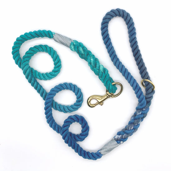Knot yours handcrafted rope lead in emerald to navy ombre with blue whipped ends with brass bolt and accessory ring